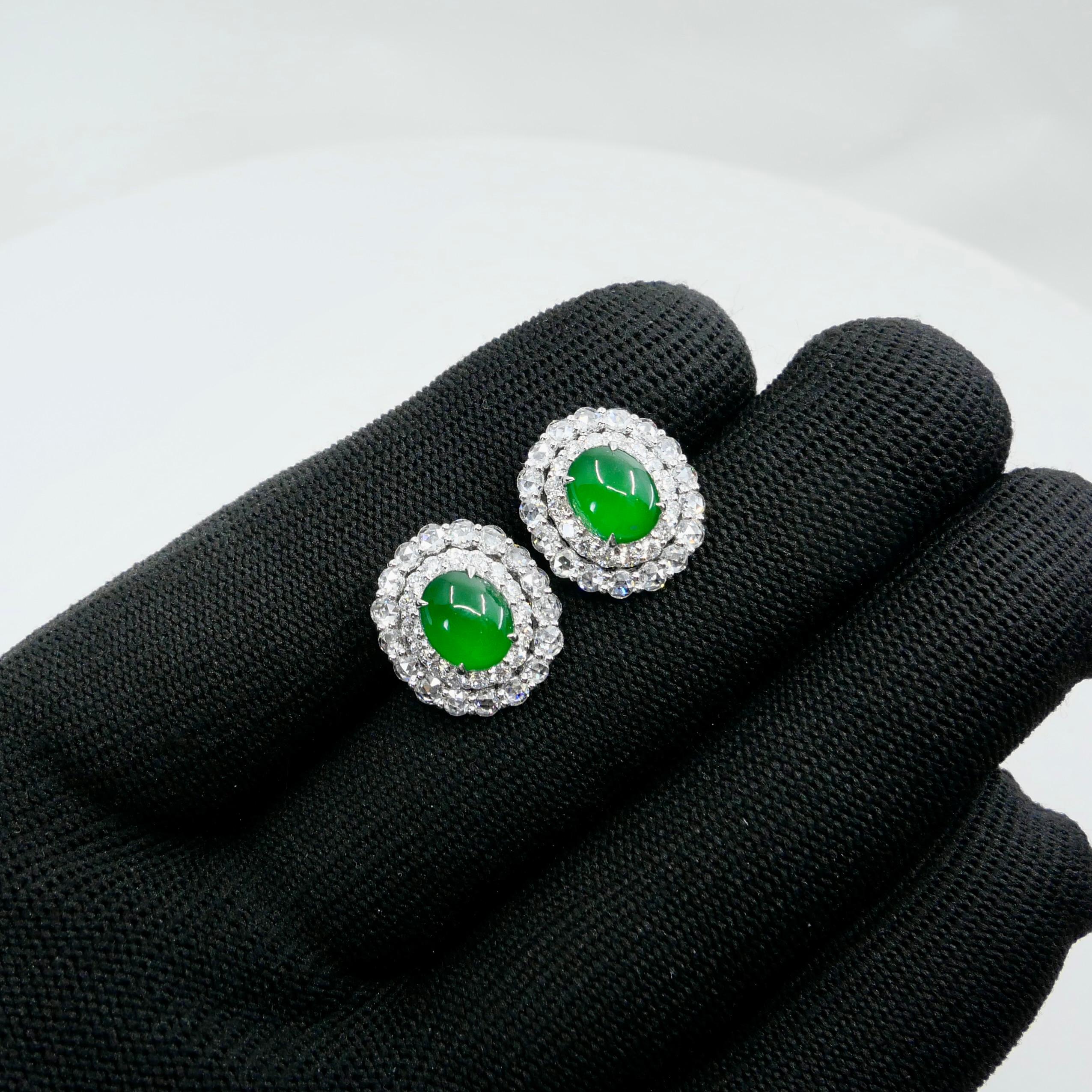 Certified Natural Imperial Jade Diamond Stud Earrings. Best Glowing Green  For Sale 8