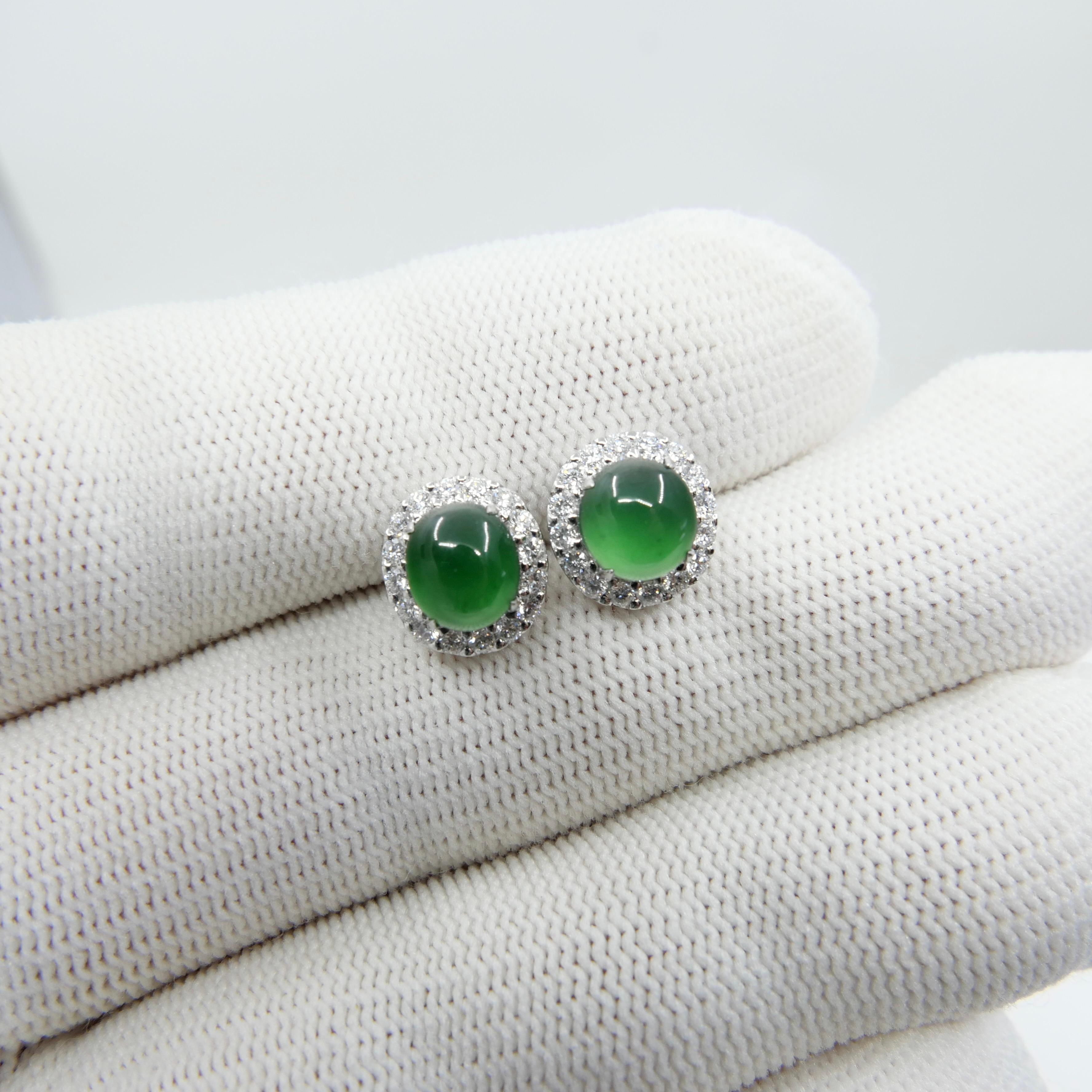 Certified Natural Imperial Jade Diamond Stud Earrings. Best Glowing Green  For Sale 9