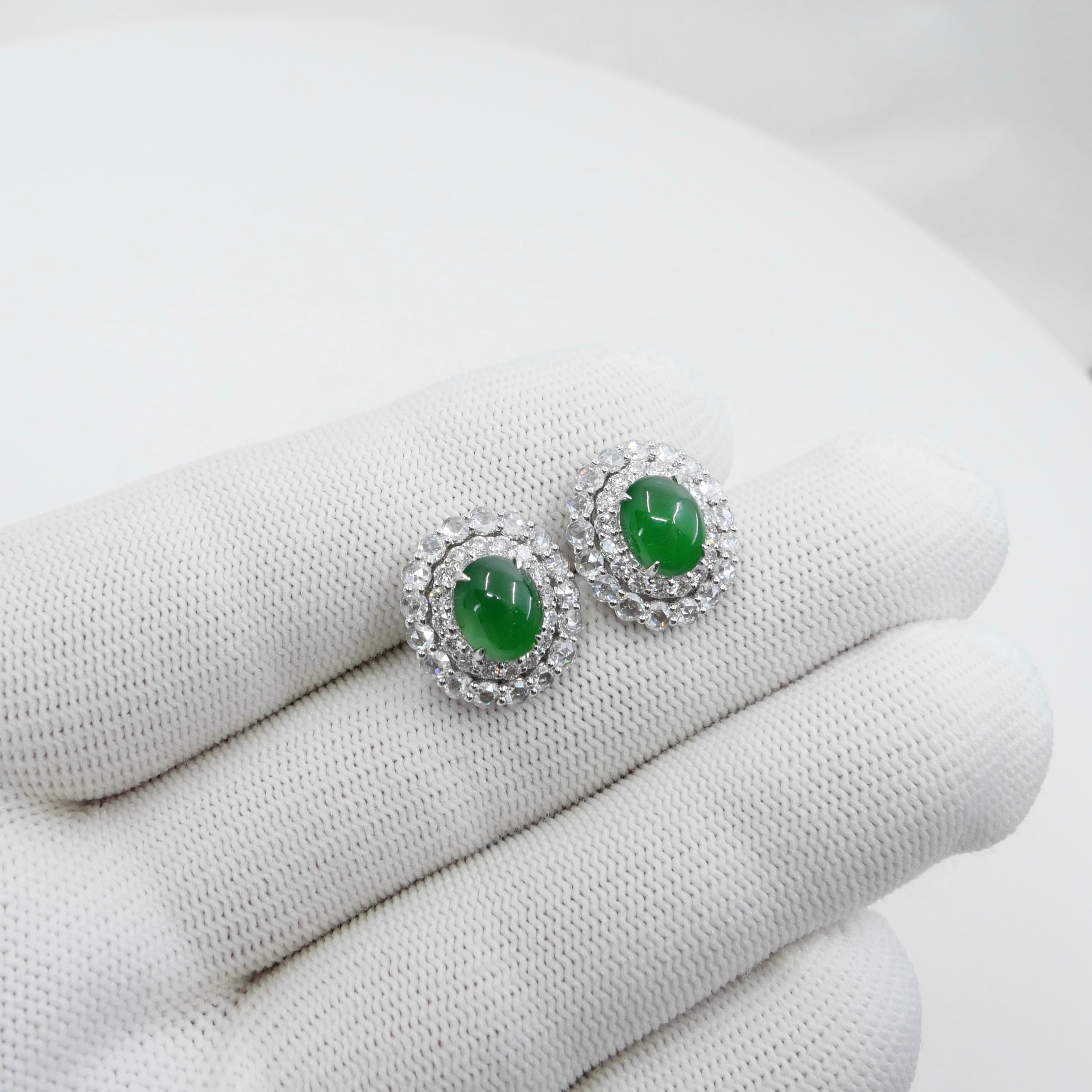 Certified Natural Imperial Jade Diamond Stud Earrings. Best Glowing Green  For Sale 9