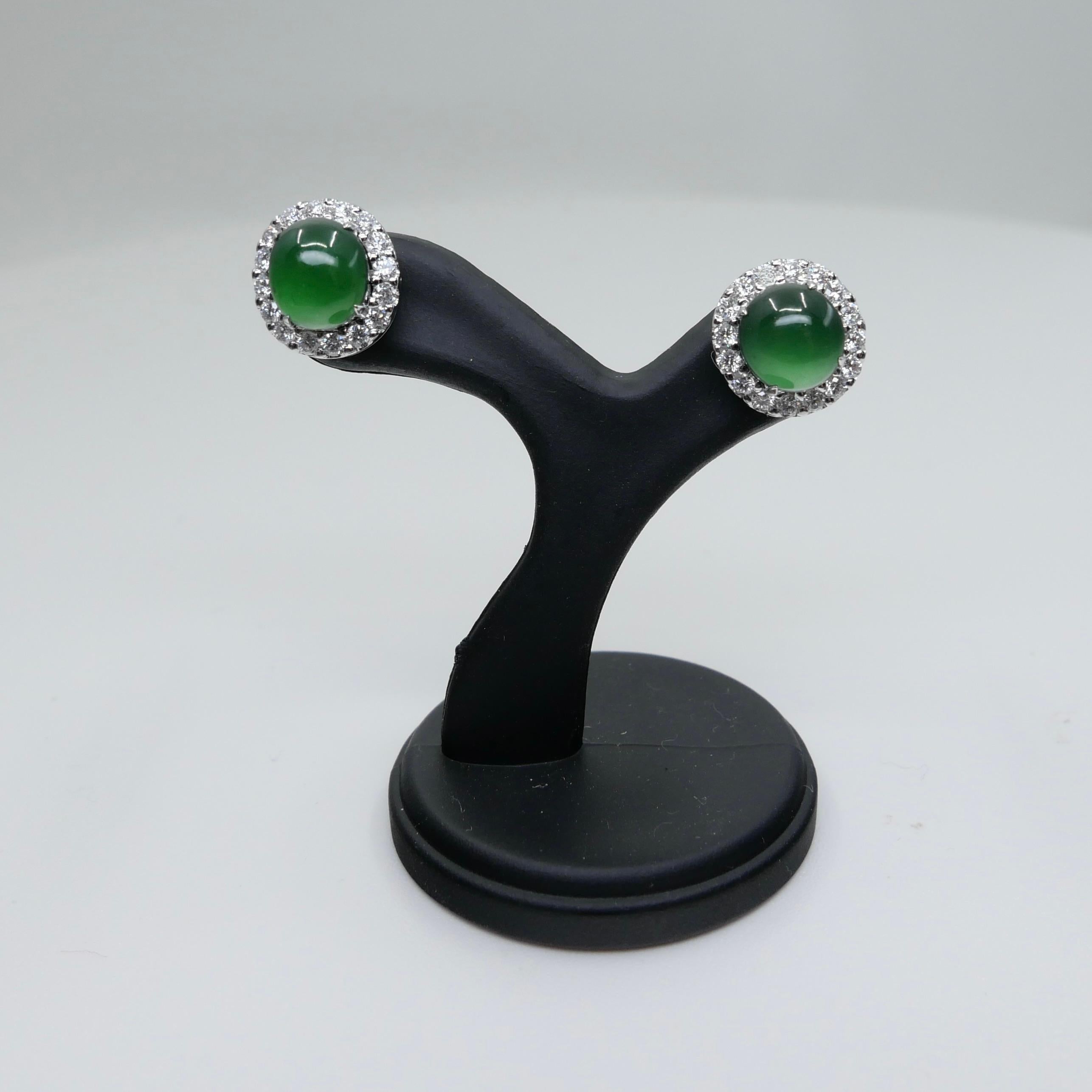Certified Natural Imperial Jade Diamond Stud Earrings. Best Glowing Green  For Sale 10