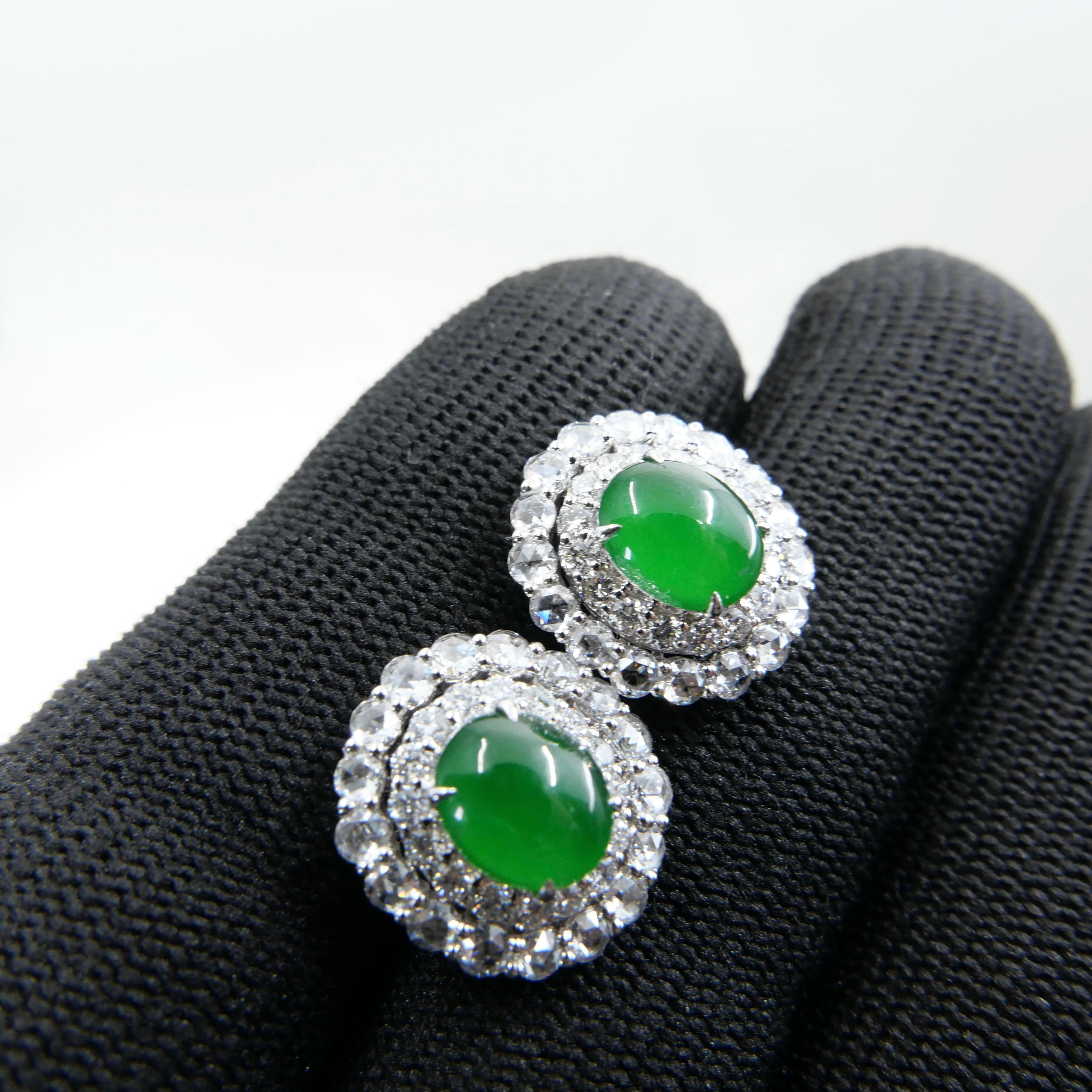 Certified Natural Imperial Jade Diamond Stud Earrings. Best Glowing Green  For Sale 11