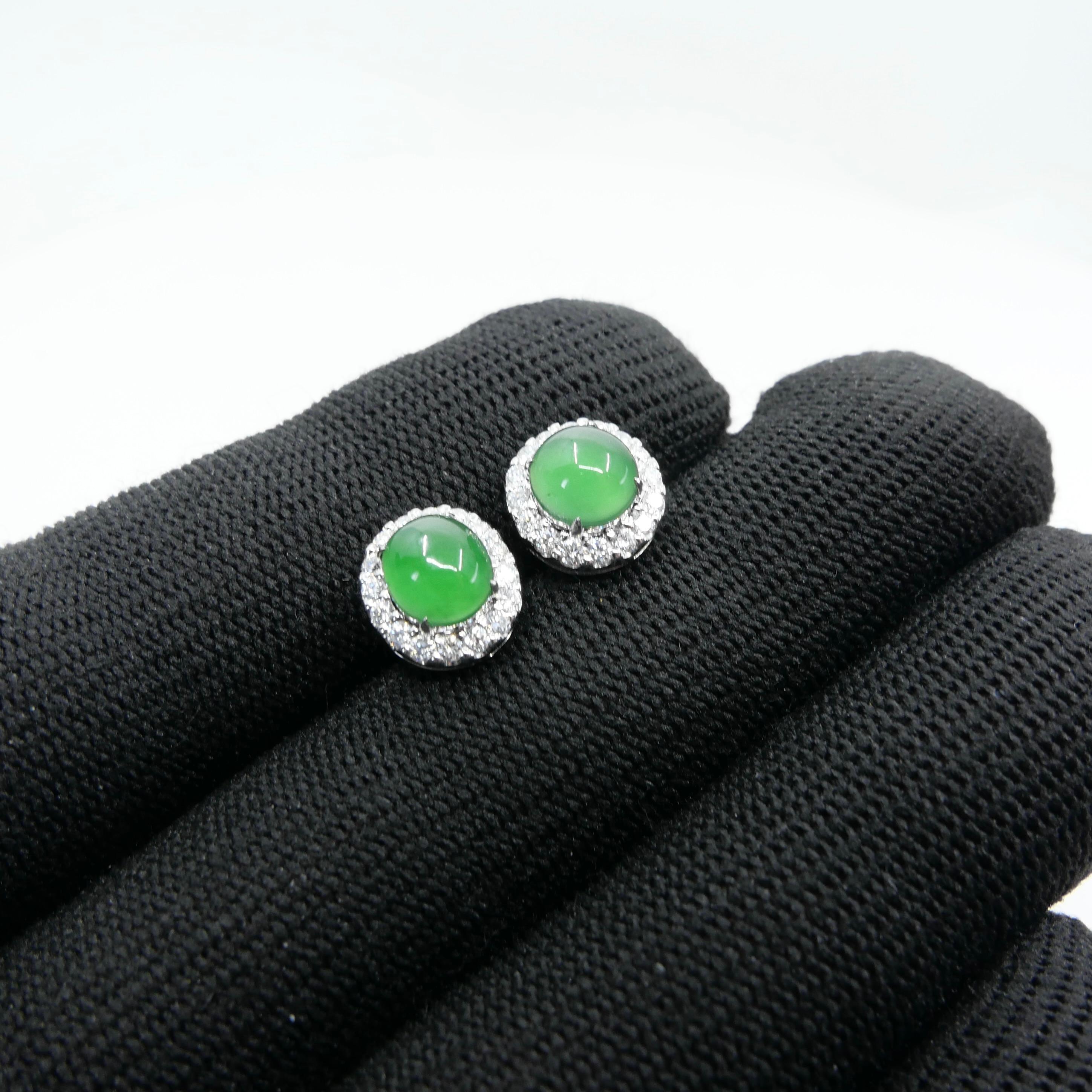 Certified Natural Imperial Jade Diamond Stud Earrings. Best Glowing Green  For Sale 11