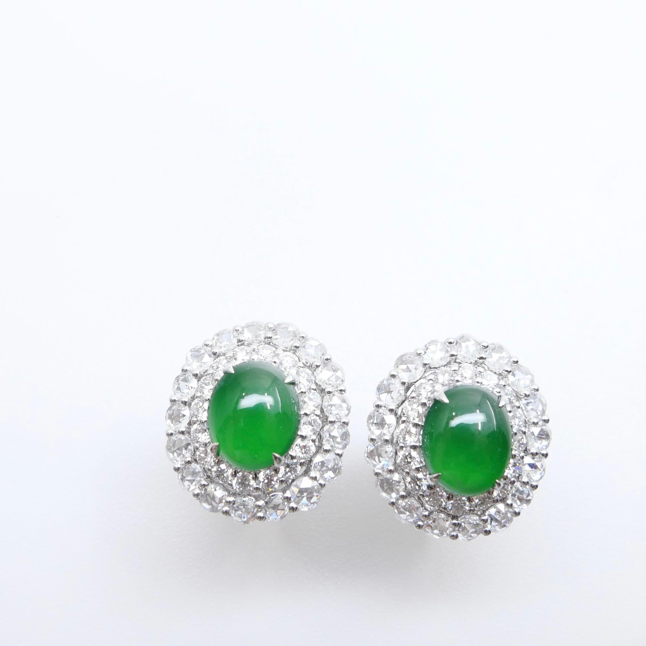 Certified Natural Imperial Jade Diamond Stud Earrings. Best Glowing Green  For Sale 12