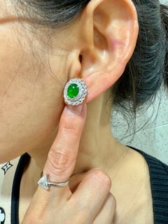 Certified Natural Imperial Jade Diamond Stud Earrings. Best Glowing Green