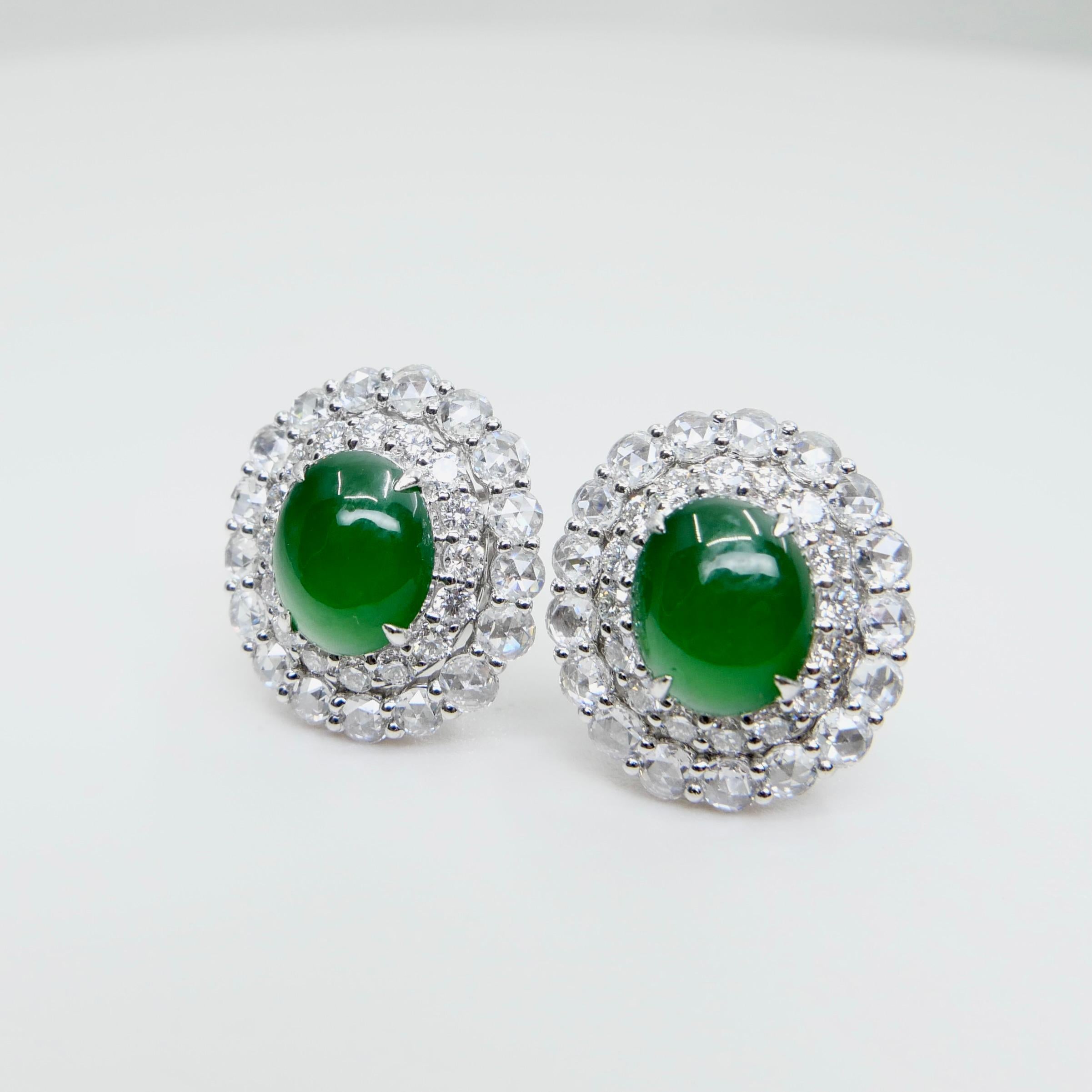 Cabochon Certified Natural Imperial Jade Diamond Stud Earrings. Best Glowing Green  For Sale