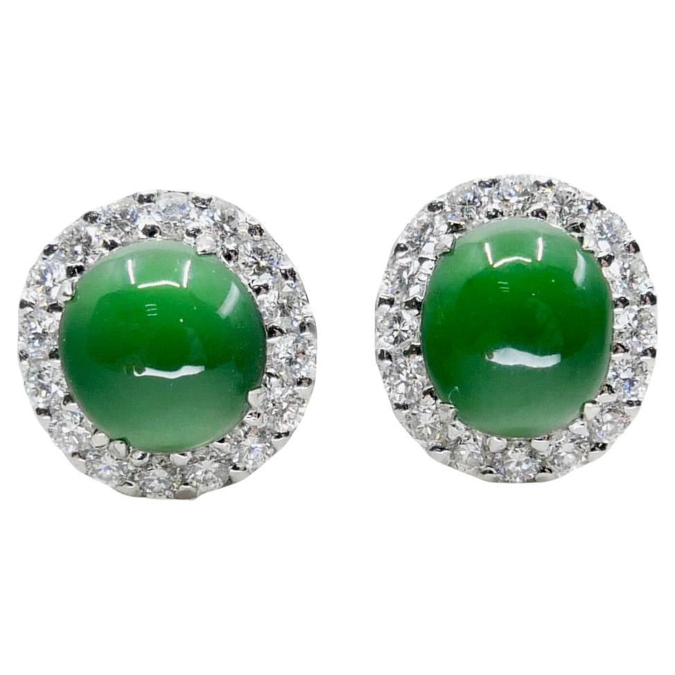 Women's Certified Natural Imperial Jade Diamond Stud Earrings. Best Glowing Green  For Sale