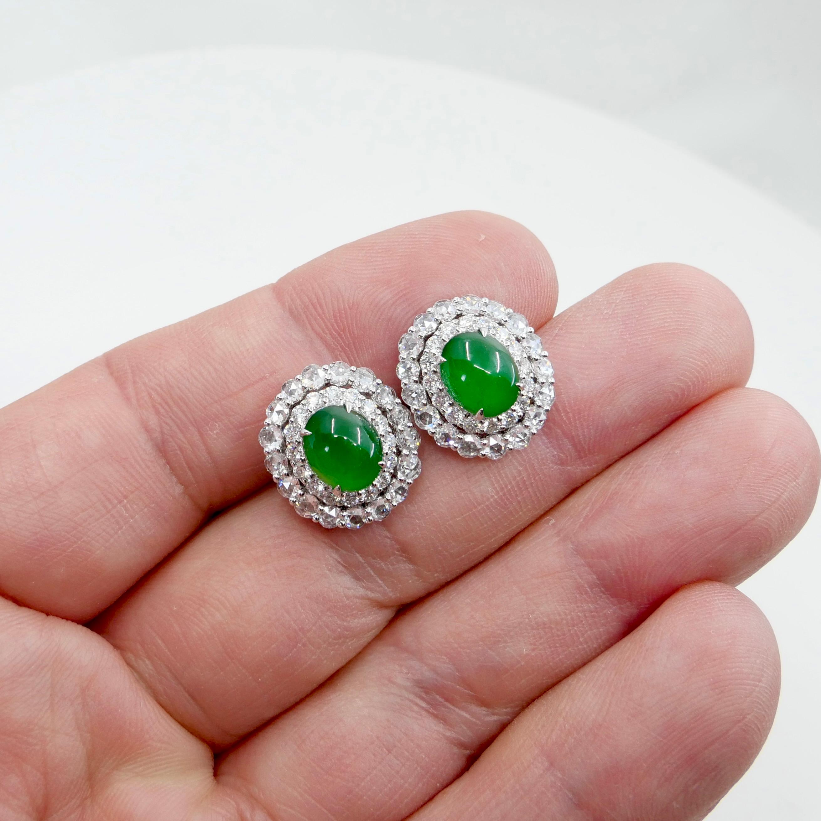 Women's Certified Natural Imperial Jade Diamond Stud Earrings. Best Glowing Green  For Sale