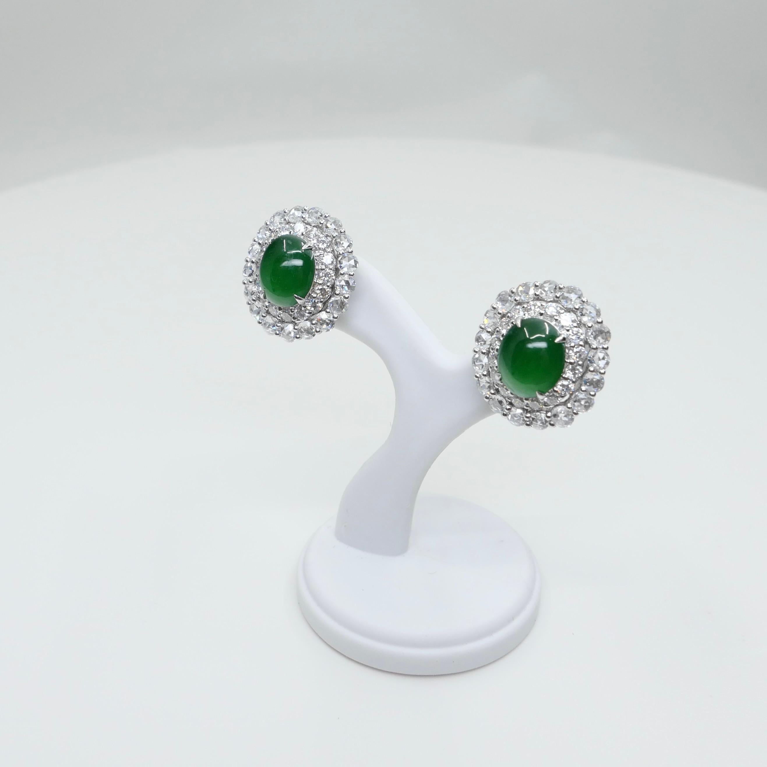 Certified Natural Imperial Jade Diamond Stud Earrings. Best Glowing Green  For Sale 1