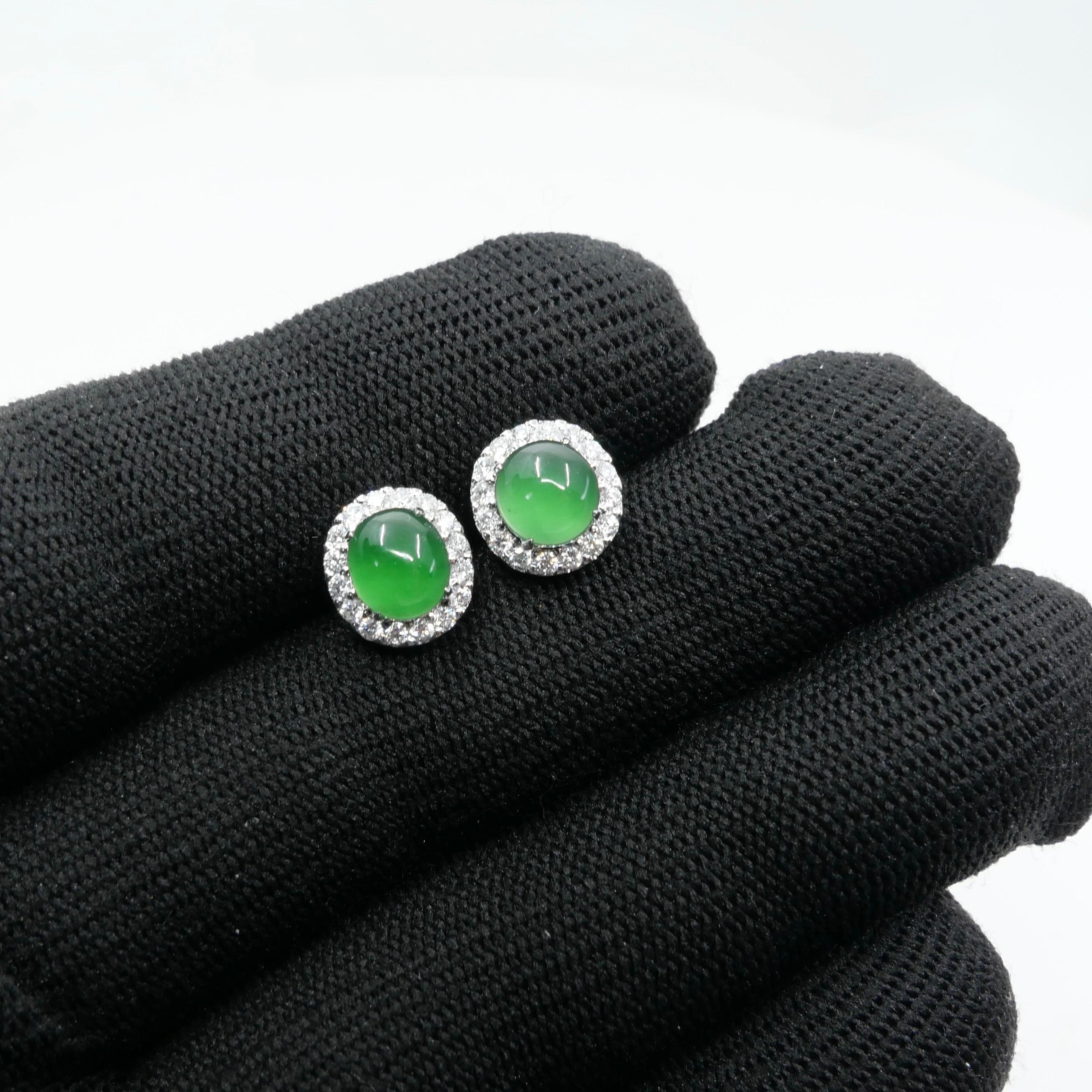 Certified Natural Imperial Jade Diamond Stud Earrings. Best Glowing Green  For Sale 1