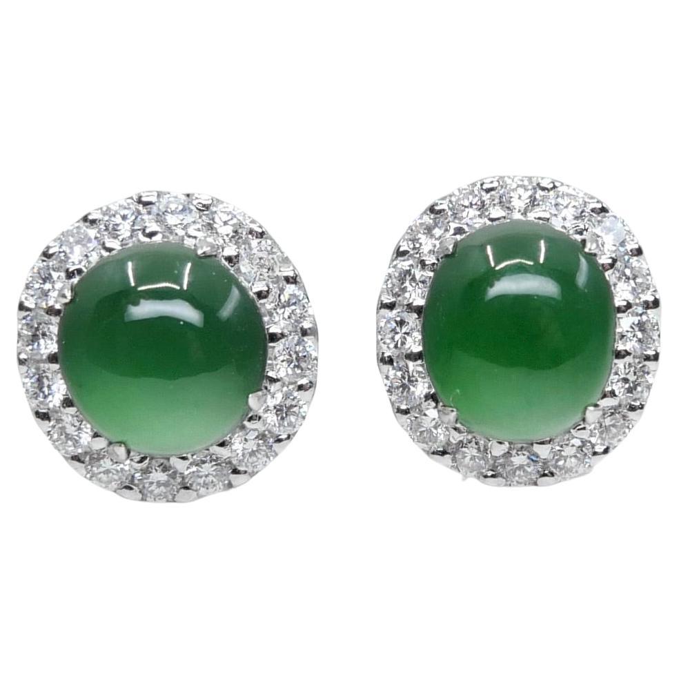 Certified Natural Imperial Jade Diamond Stud Earrings. Best Glowing Green  For Sale