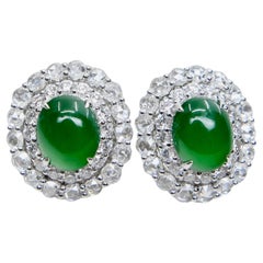 Used Certified Natural Imperial Jade Diamond Stud Earrings. Best Glowing Green 