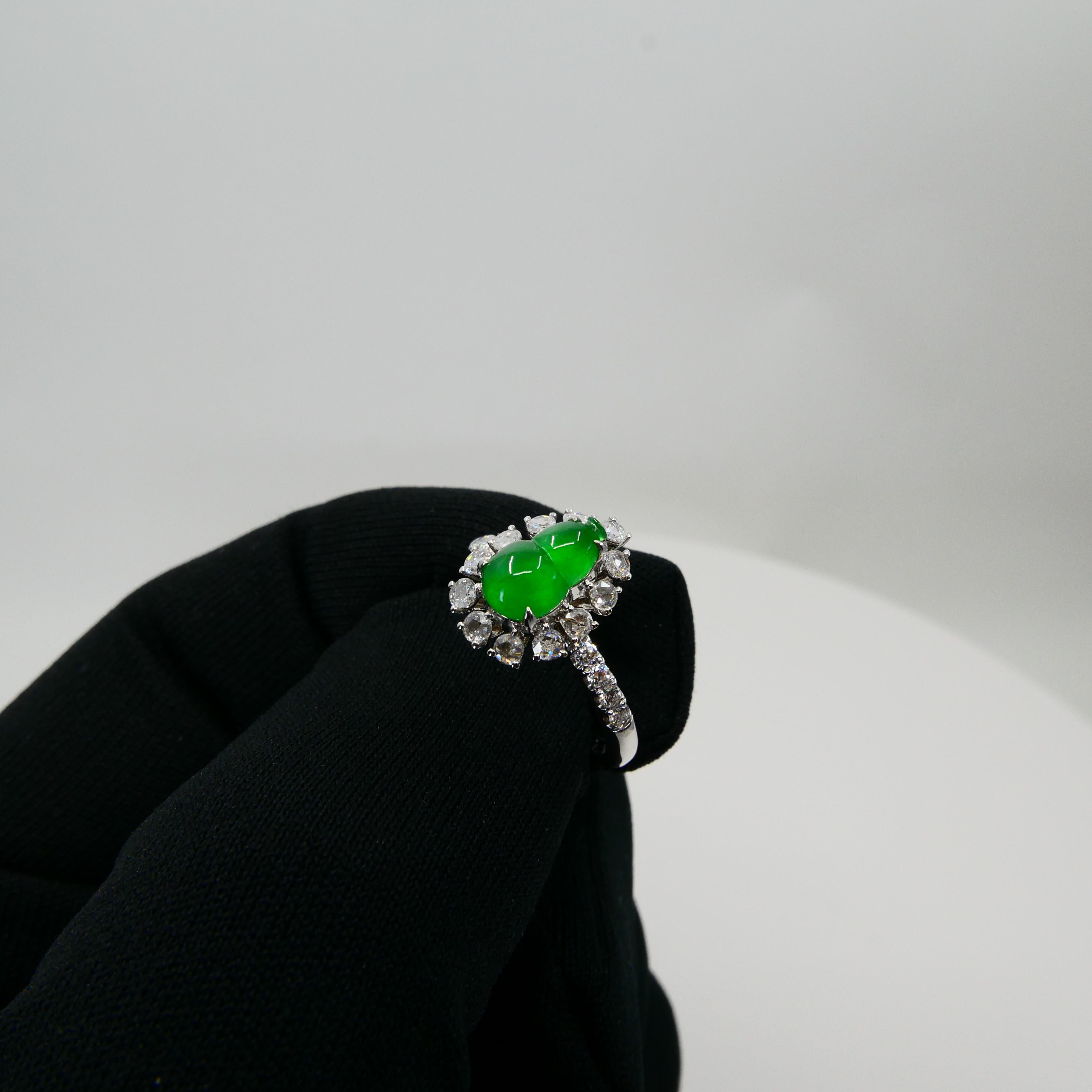 Certified Natural Imperial Jade Gourd & Diamond Cocktail Ring, Super Glow 3