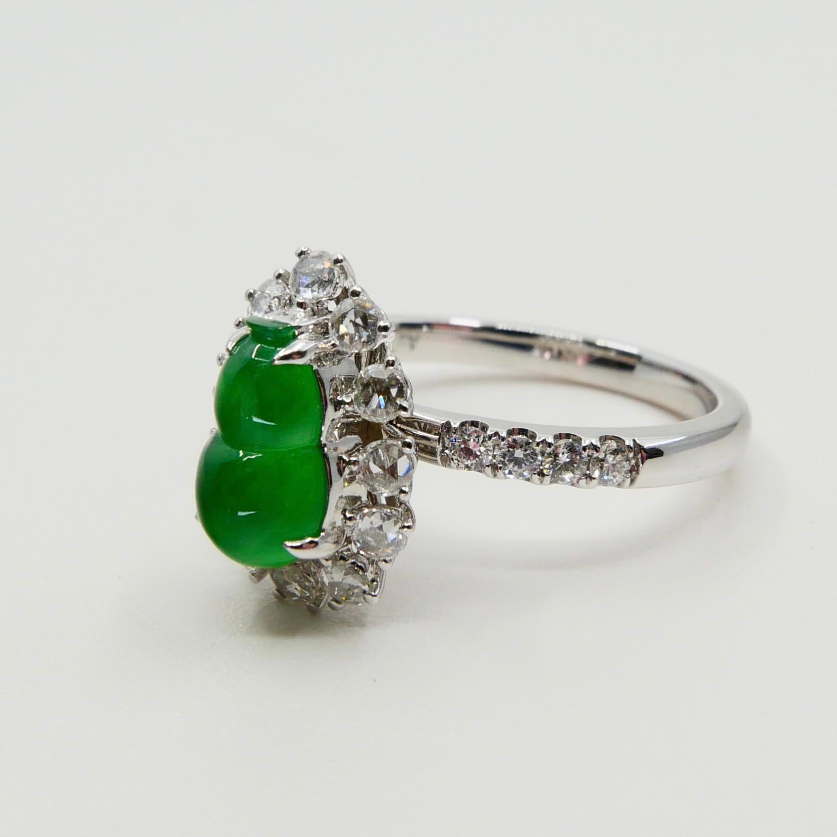 Certified Natural Imperial Jade Gourd & Diamond Cocktail Ring, Super Glow 4
