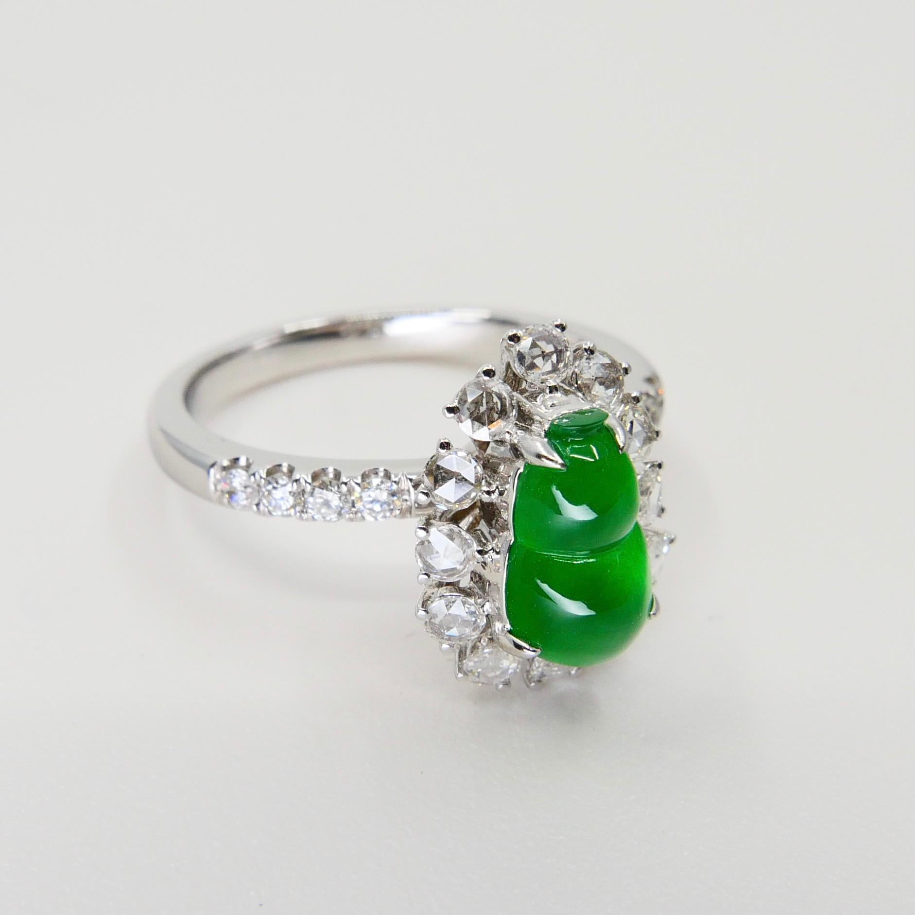 Certified Natural Imperial Jade Gourd & Diamond Cocktail Ring, Super Glow 7
