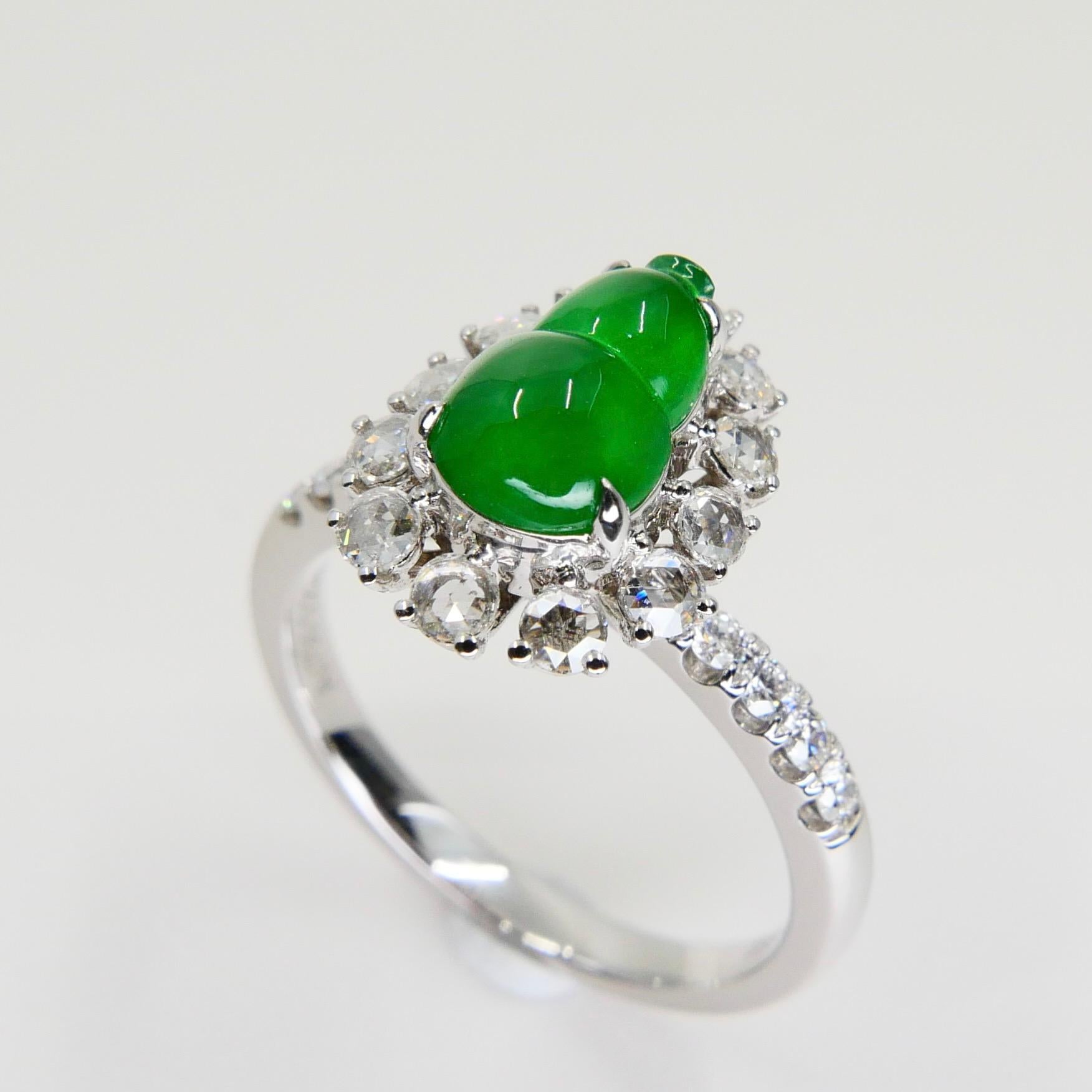 Rough Cut Certified Natural Imperial Jade Gourd & Diamond Cocktail Ring, Super Glow