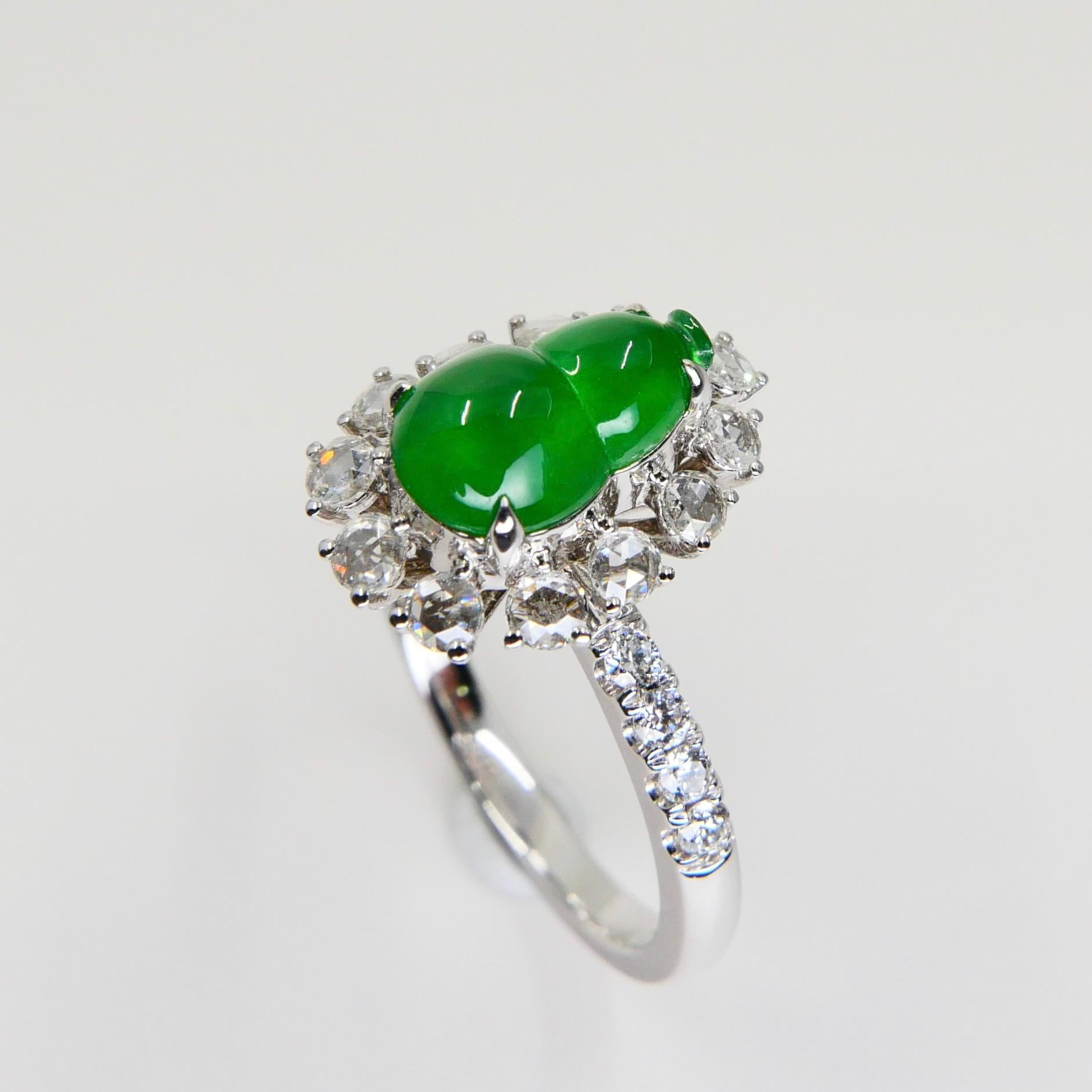Women's Certified Natural Imperial Jade Gourd & Diamond Cocktail Ring, Super Glow