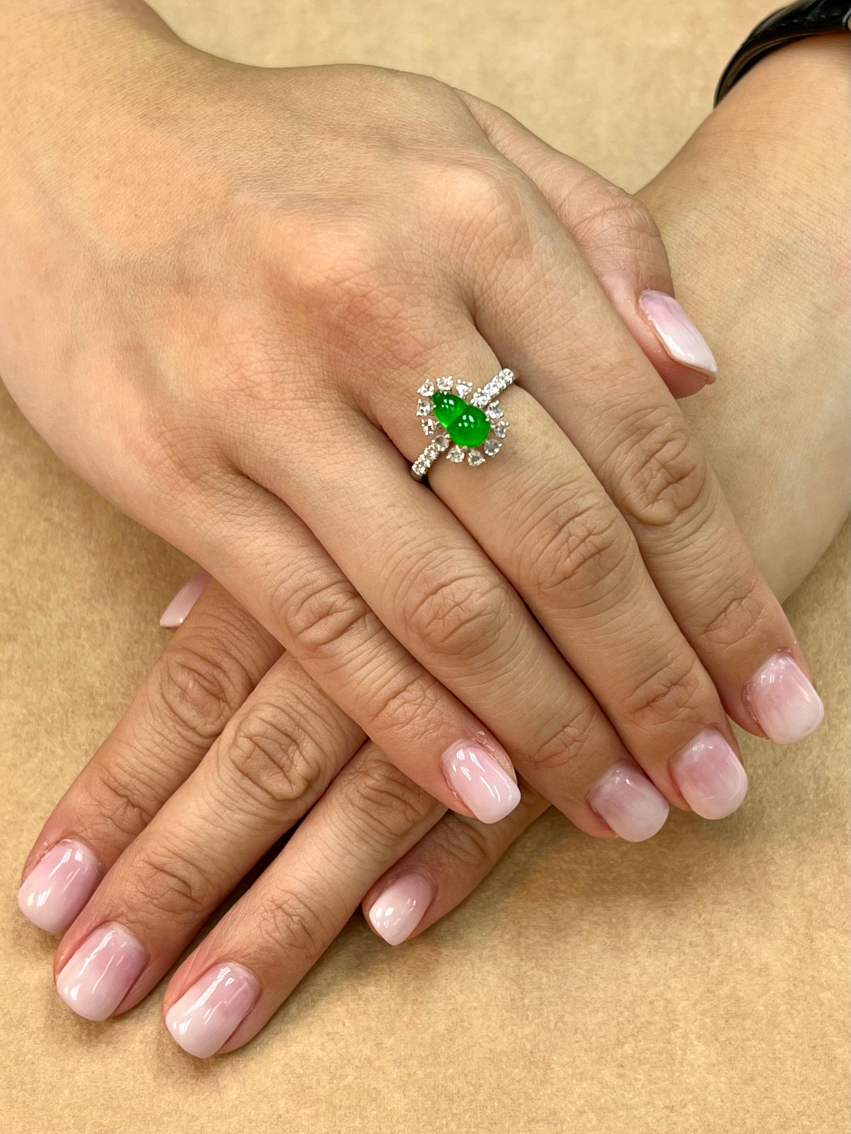 Certified Natural Imperial Jade Gourd & Diamond Cocktail Ring, Super Glow 1