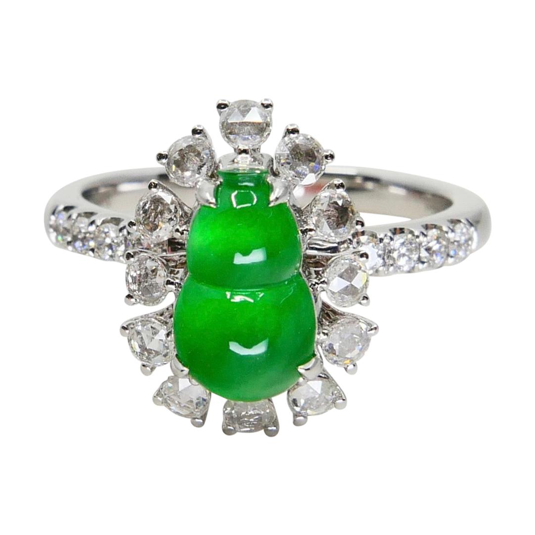 Certified Natural Imperial Jade Gourd & Diamond Cocktail Ring, Super Glow
