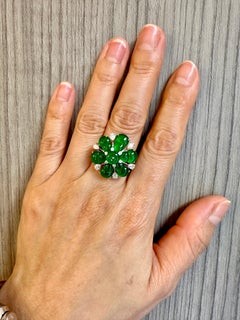 Certified Natural Imperial Jade Gourd Flower & Diamond Cocktail Ring, Super Glow