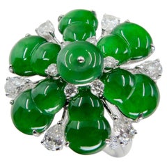 Certified Natural Imperial Jade Gourd Flower & Diamond Cocktail Ring, Super Glow