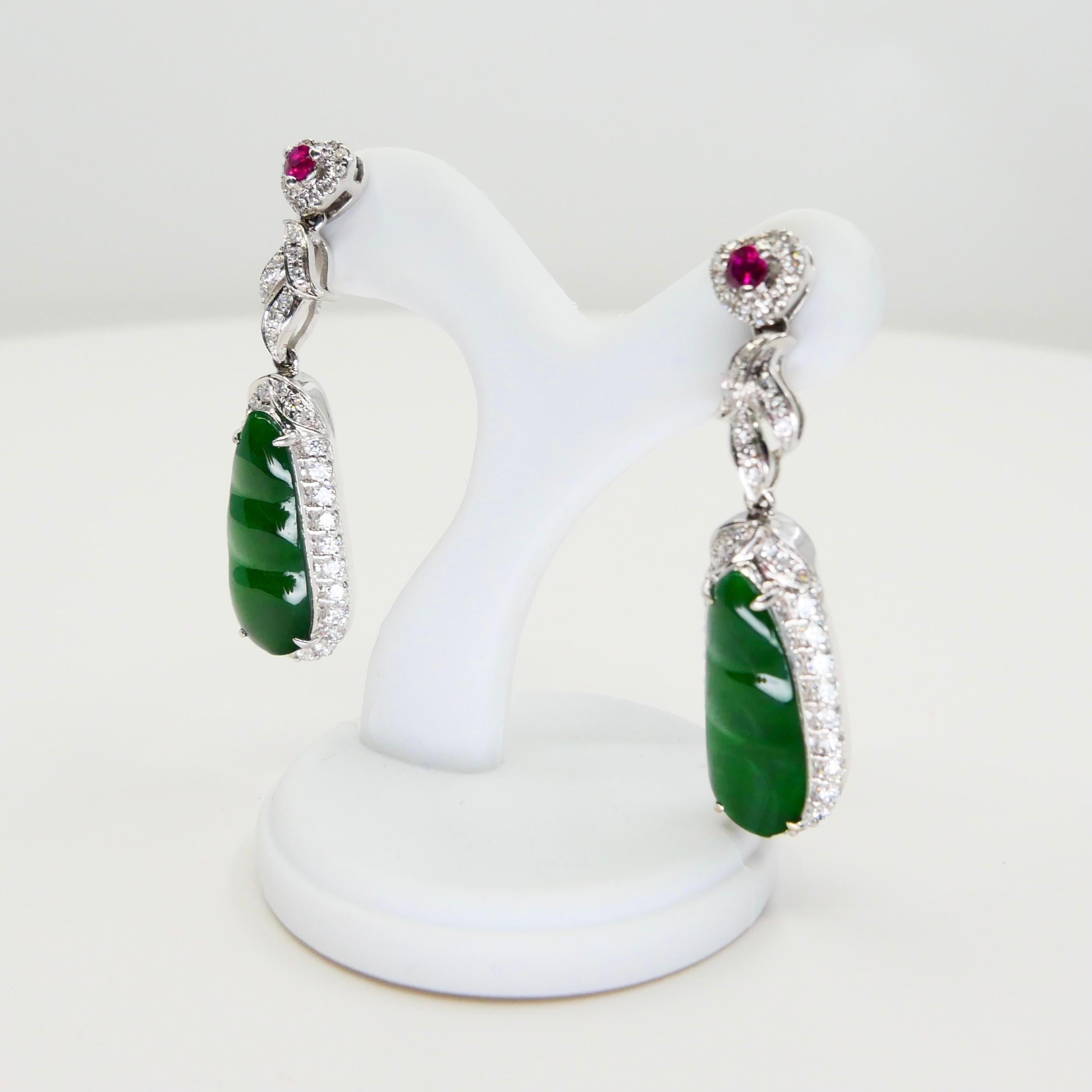 Certified Natural Imperial Jade Peapod, Ruby & Diamond Earrings, Super Glow For Sale 2