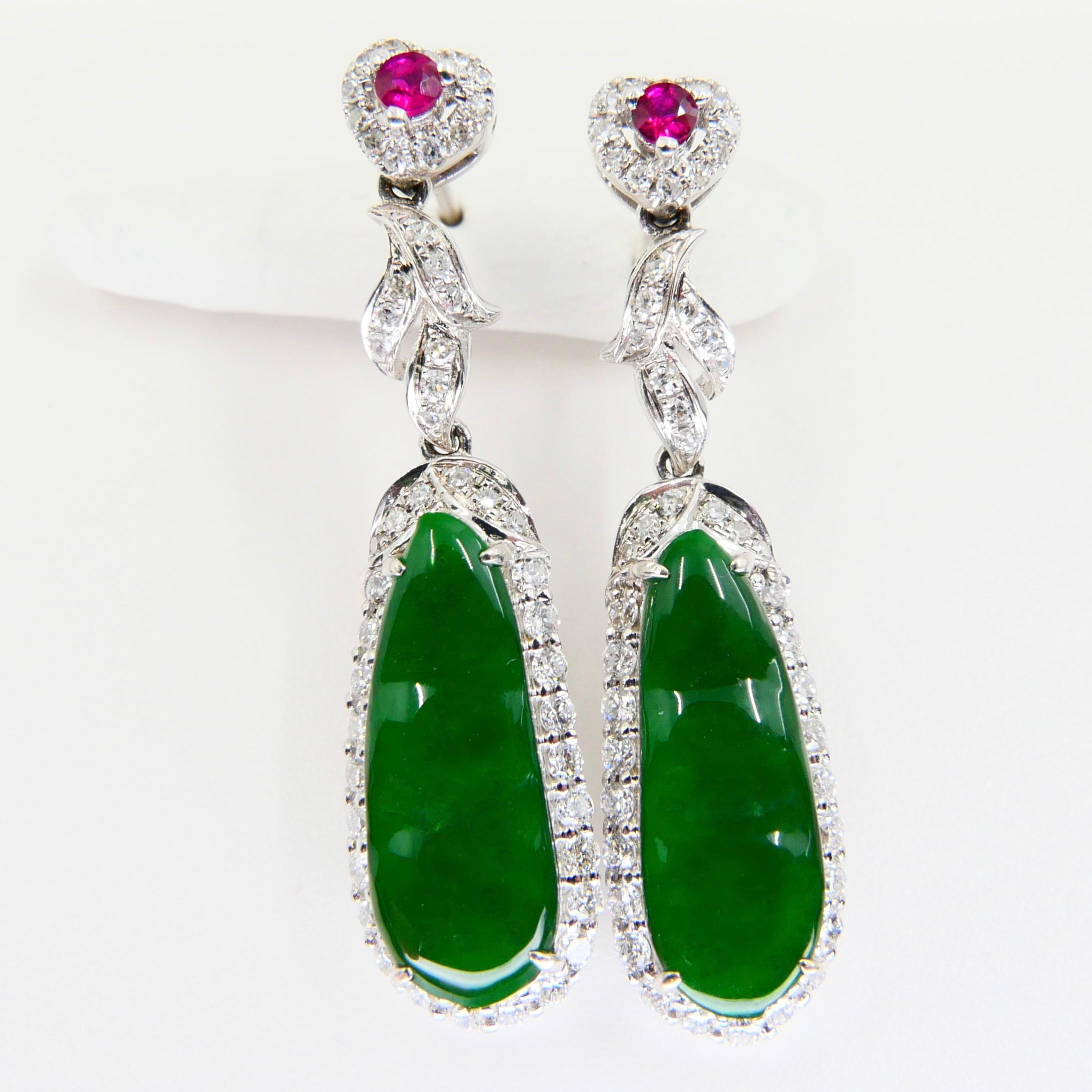 Certified Natural Imperial Jade Peapod, Ruby & Diamond Earrings, Super Glow For Sale 4