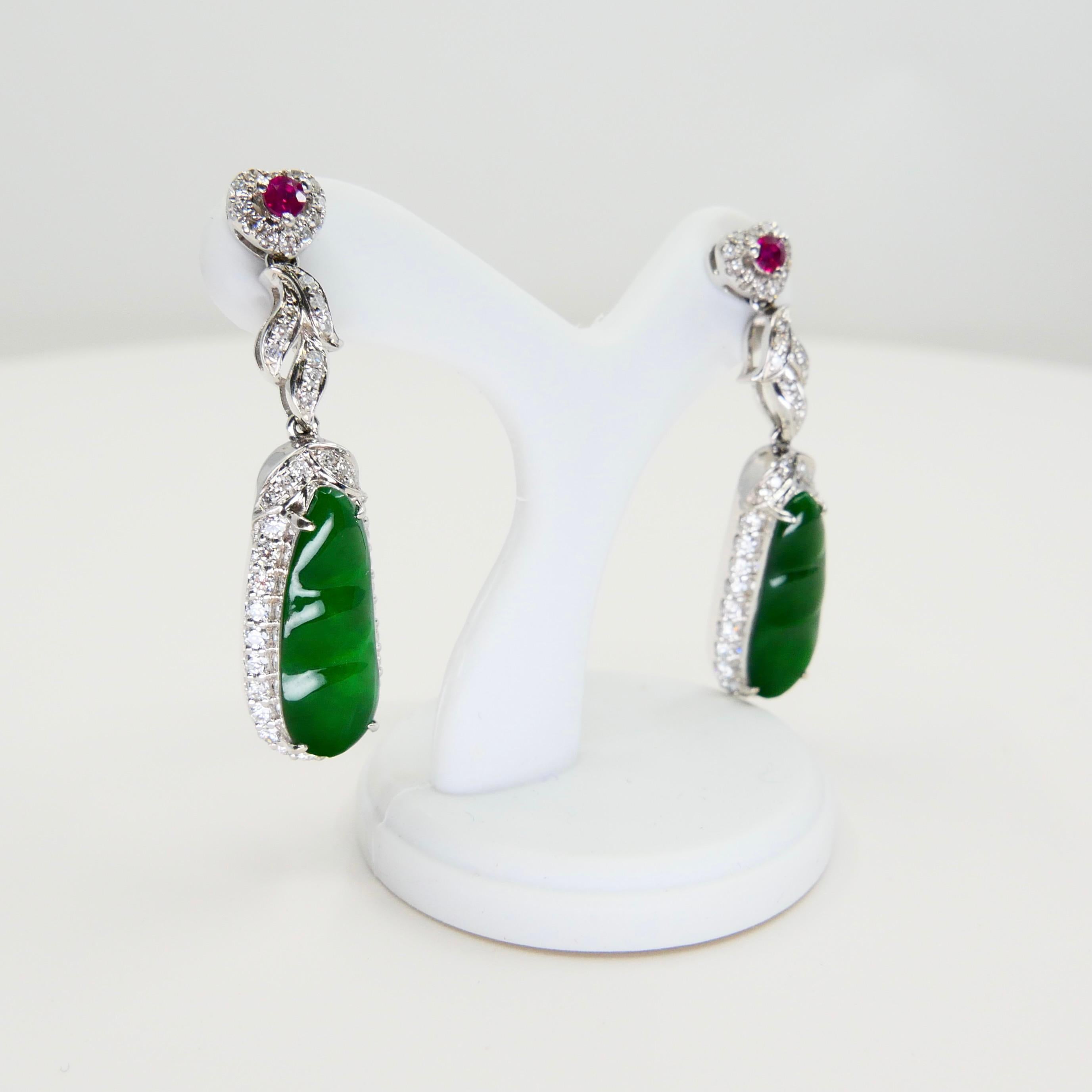 Certified Natural Imperial Jade Peapod, Ruby & Diamond Earrings, Super Glow For Sale 5