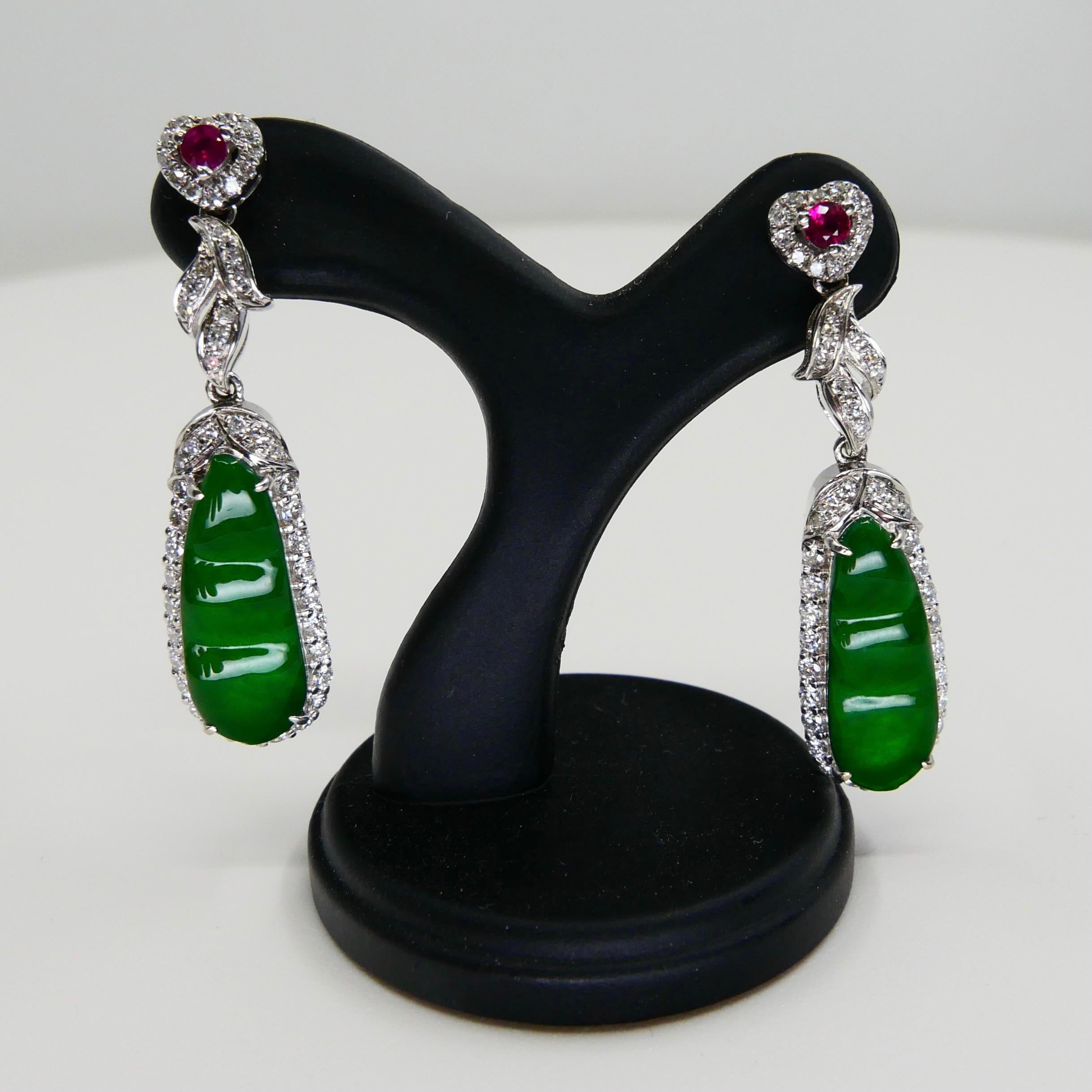 Certified Natural Imperial Jade Peapod, Ruby & Diamond Earrings, Super Glow For Sale 6