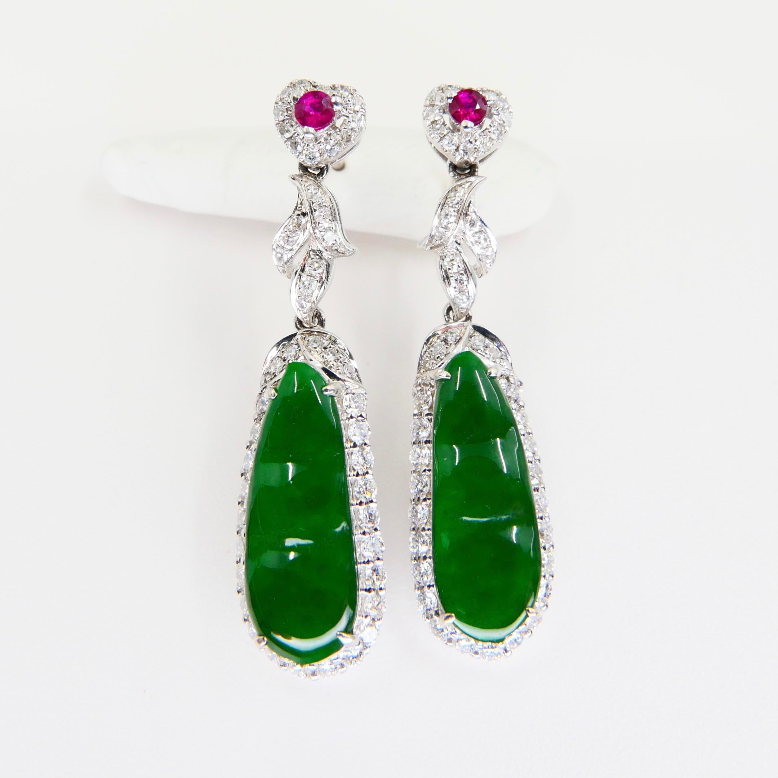 Certified Natural Imperial Jade Peapod, Ruby & Diamond Earrings, Super Glow For Sale 7
