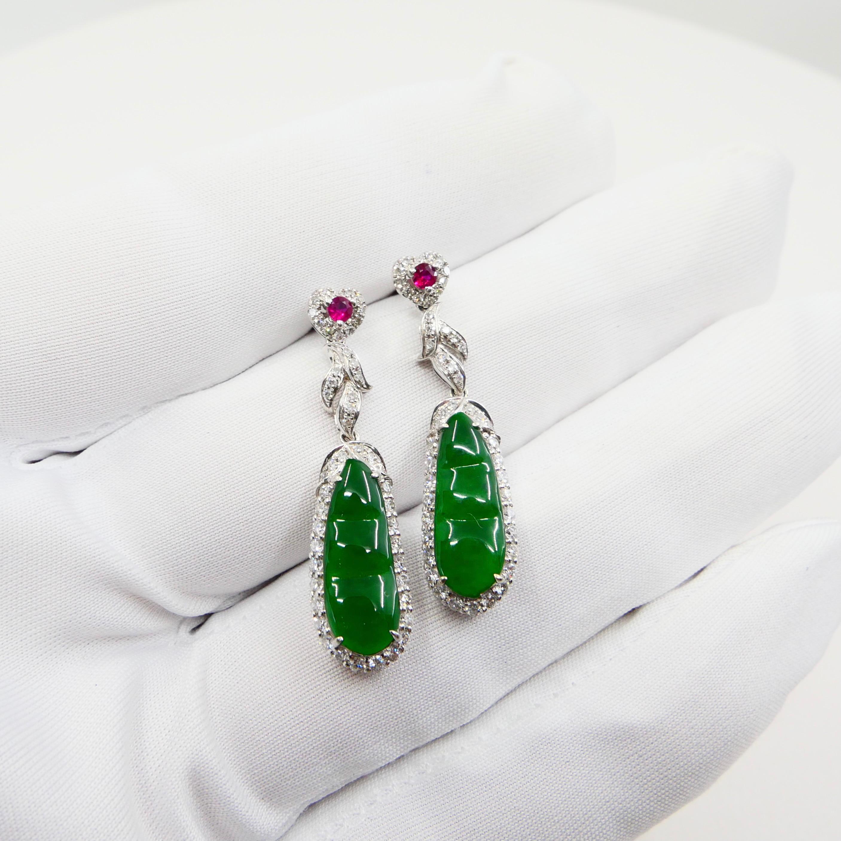 Certified Natural Imperial Jade Peapod, Ruby & Diamond Earrings, Super Glow For Sale 8