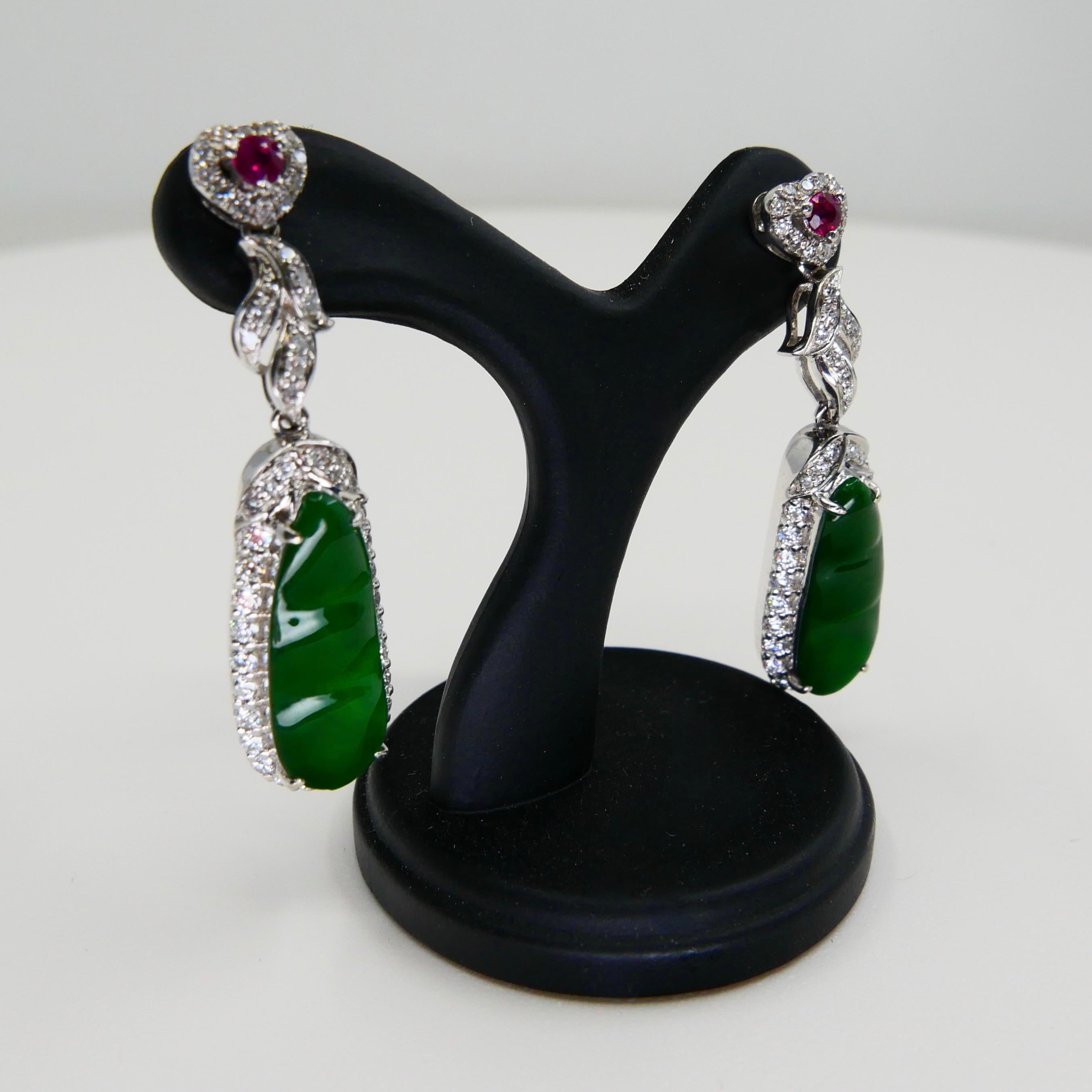 Women's Certified Natural Imperial Jade Peapod, Ruby & Diamond Earrings, Super Glow For Sale
