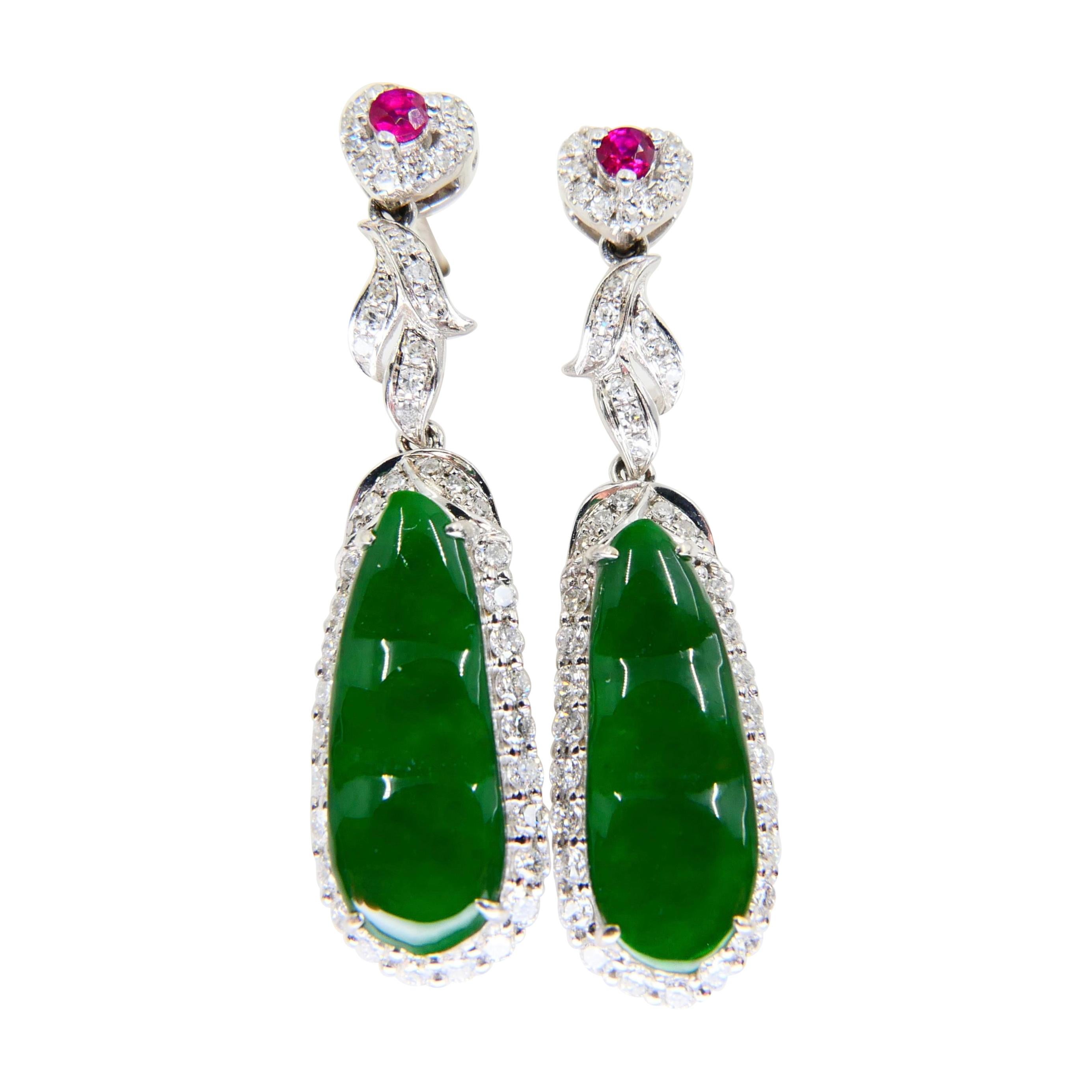 Certified Natural Imperial Jade Peapod, Ruby & Diamond Earrings, Super Glow For Sale