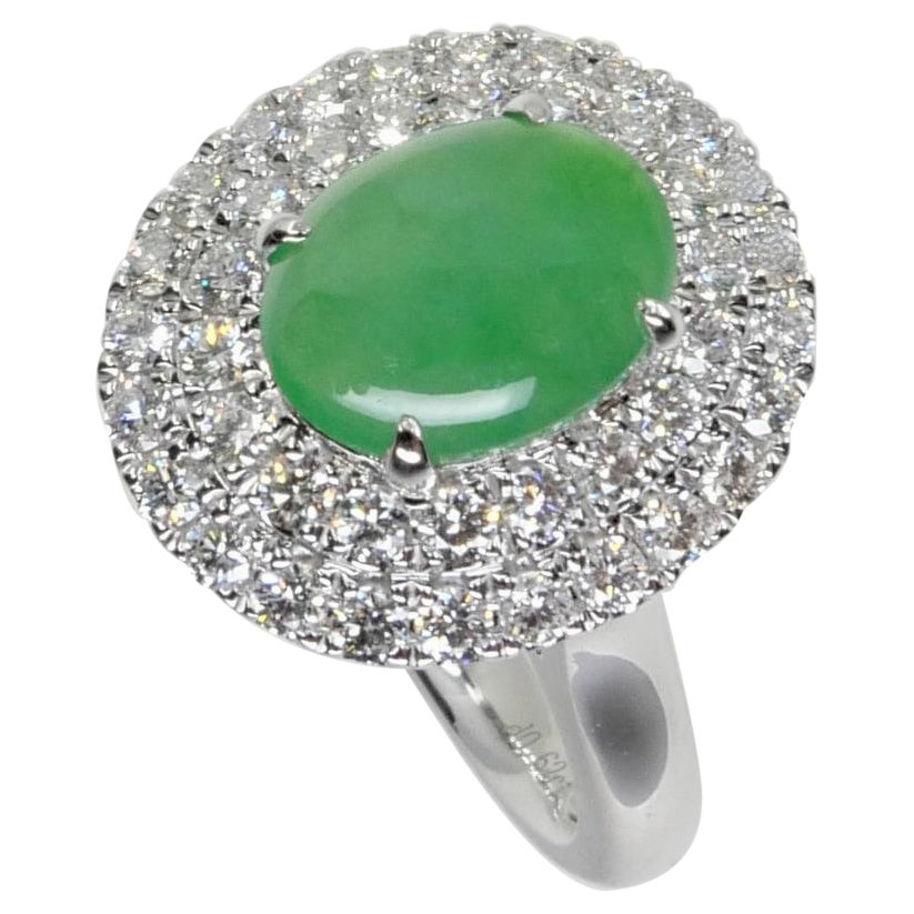 Anillo de cóctel de jade natural certificado de 8,8 mm x 6,9 mm y diamantes, color verde manzana. en venta 10