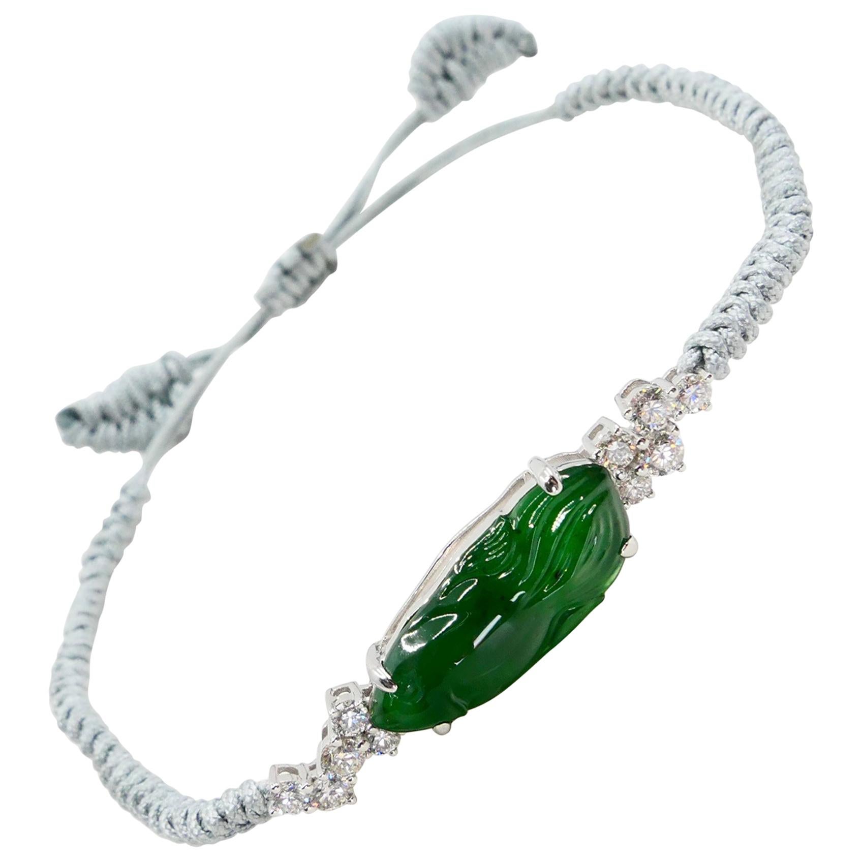 Certified Natural Jade and Diamond Bracelet, Imperial Green, Prosperity Fish