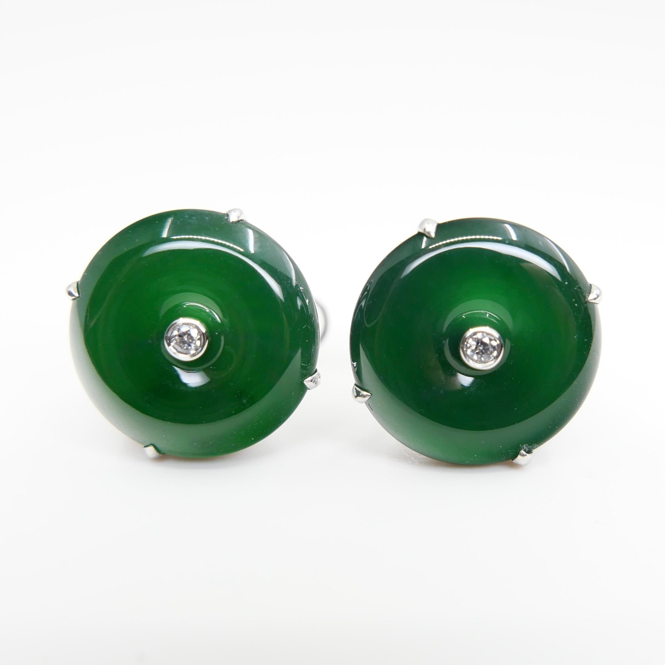 Clous d'oreilles en jade naturel certifié et diamants. Couleur verte impériale véritable en vente 11