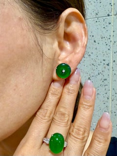 Certified Jade & Diamond Stud Earrings. Imperial Green Color. Highly Translucent