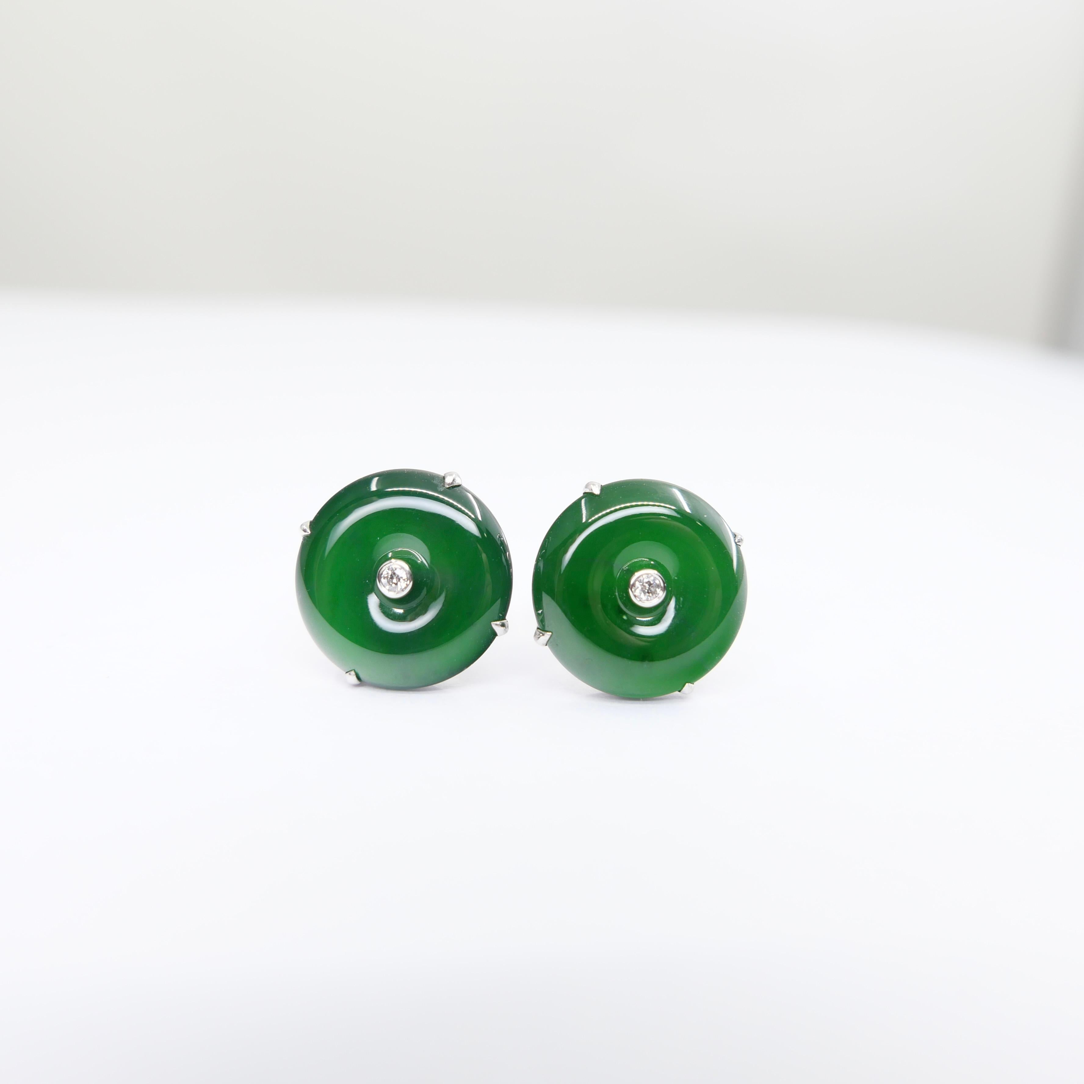 Clous d'oreilles en jade naturel certifié et diamants. Couleur verte impériale véritable en vente 1