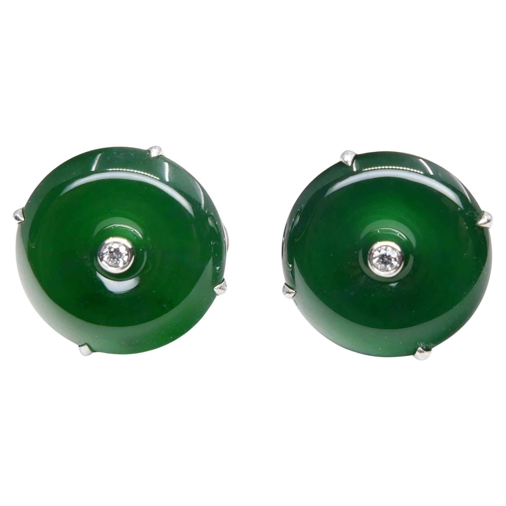 Certified Natural Jade And Diamond Stud Earrings. True Imperial Green Color