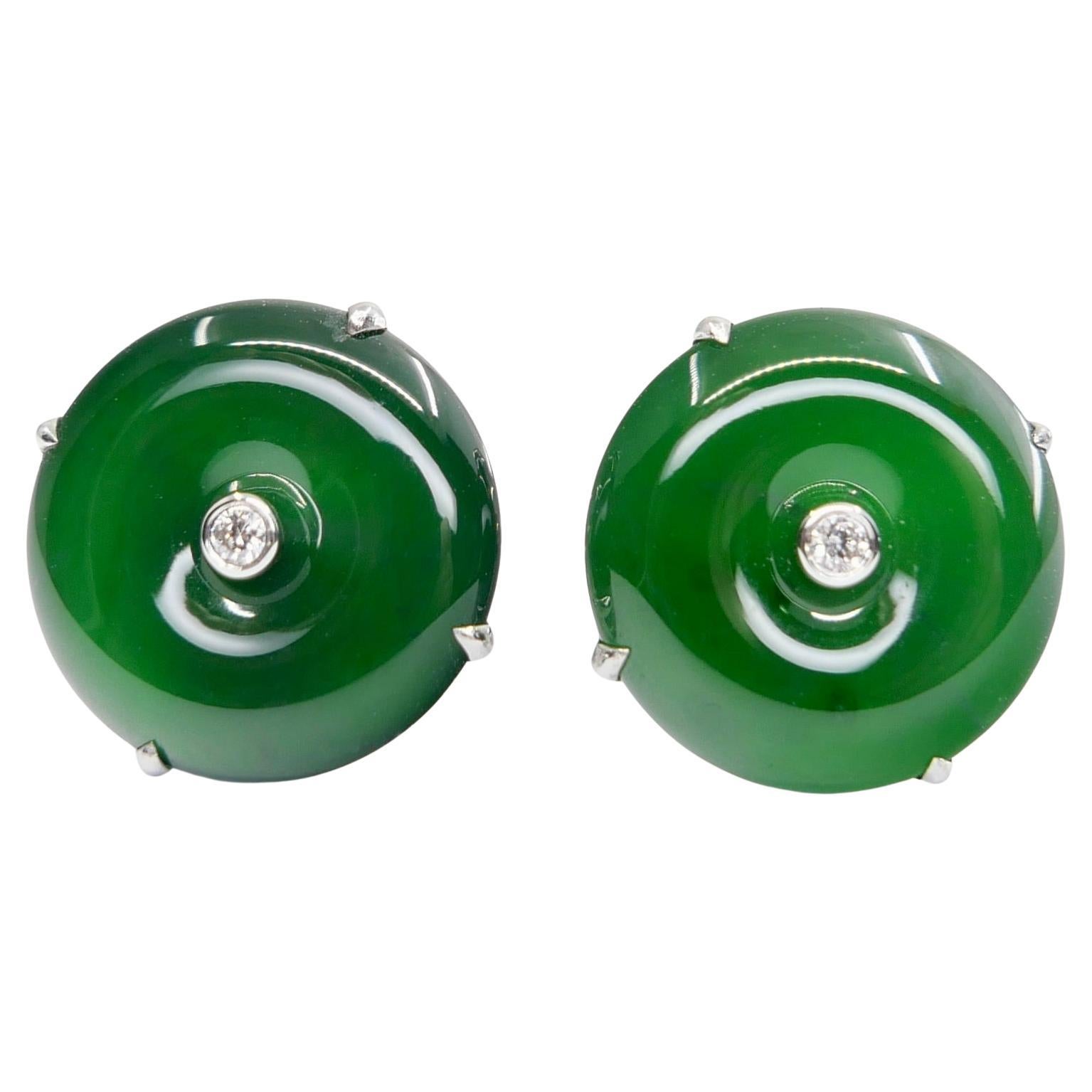 Clous d'oreilles en jade naturel certifié et diamants. Couleur verte impériale véritable