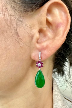 Certified Natural Jade, Burma Ruby & Diamond Drop Earrings. Full Bright Green.