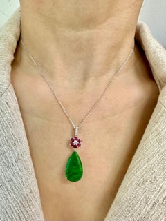 Certified Natural Jade, Burma Ruby & Diamond Drop Pendant, Full Bright Green