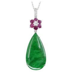 Certified Natural Jade, Burma Ruby & Diamond Drop Pendant, Full Bright Green