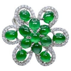 Certified Natural Jade Cluster & Diamond Cocktail Ring. Glowing Apple Green.