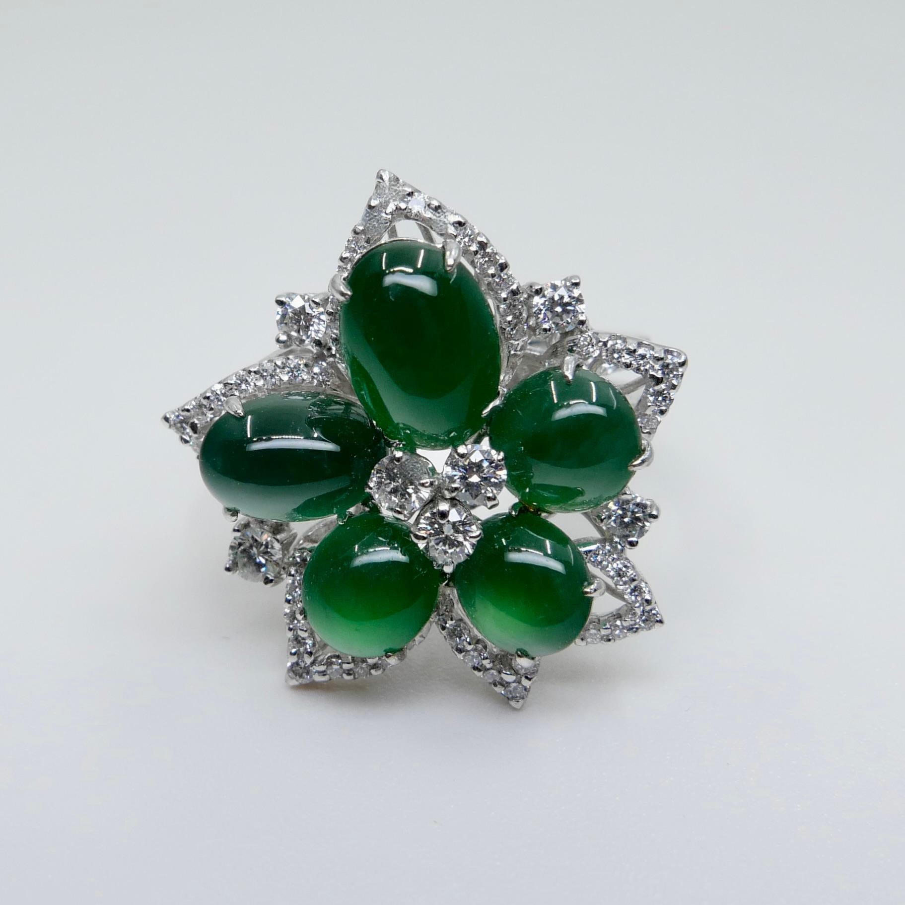 Certified Natural Jade Cluster & Diamond Cocktail Ring. Glowing Imperial Green. 4