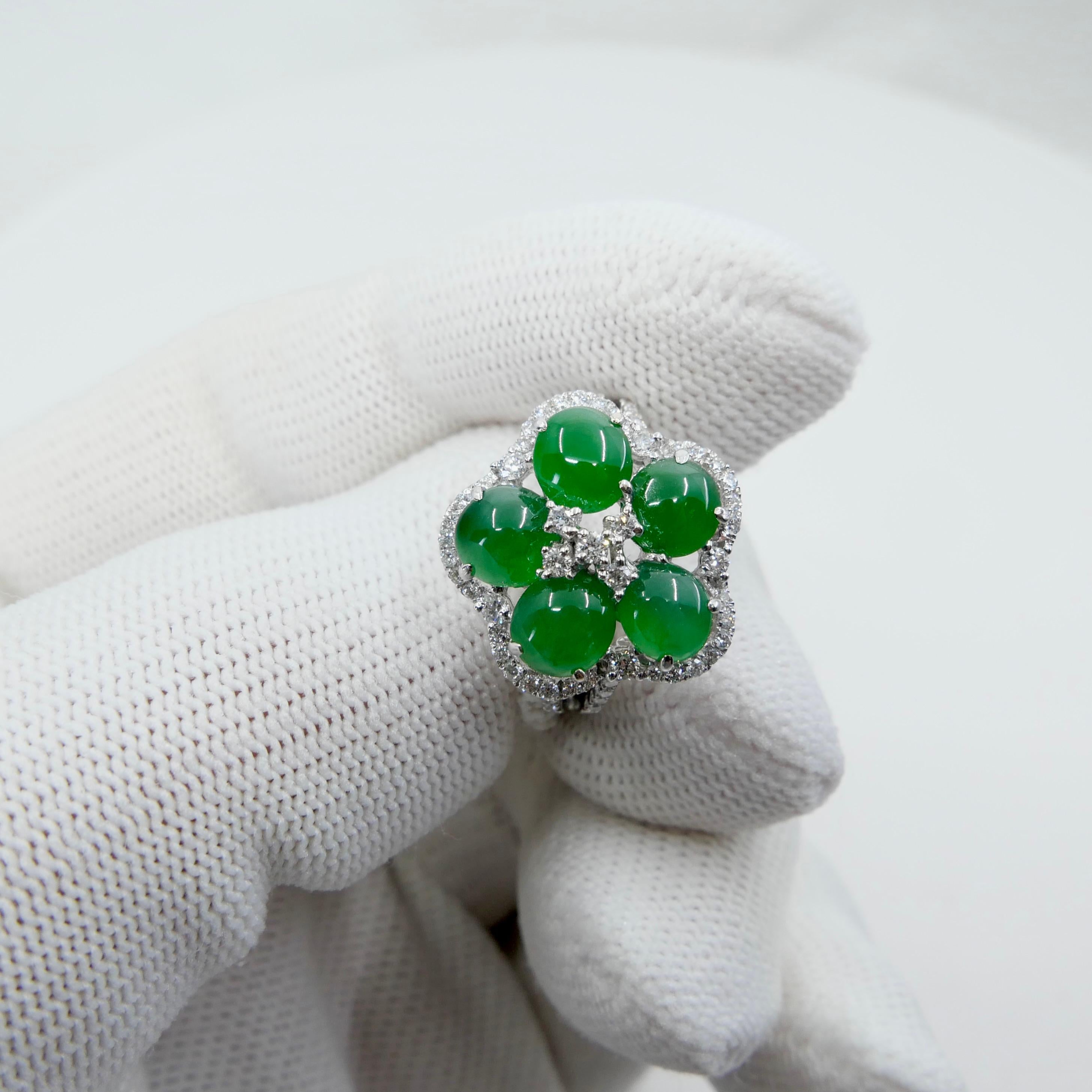 Certified Natural Jade Cluster & Diamond Cocktail Ring. Glowing Imperial Green. For Sale 4