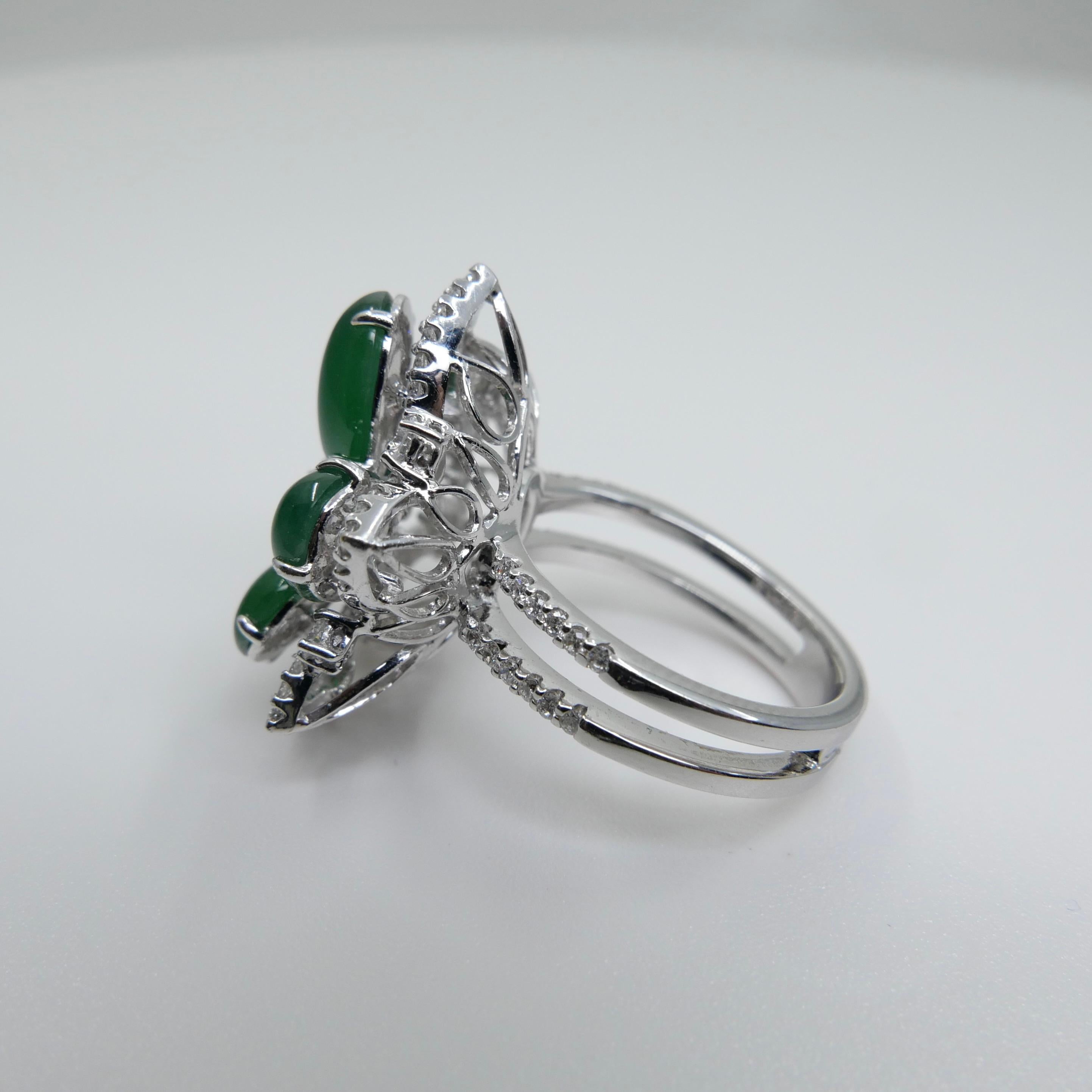 Certified Natural Jade Cluster & Diamond Cocktail Ring. Glowing Imperial Green. 5