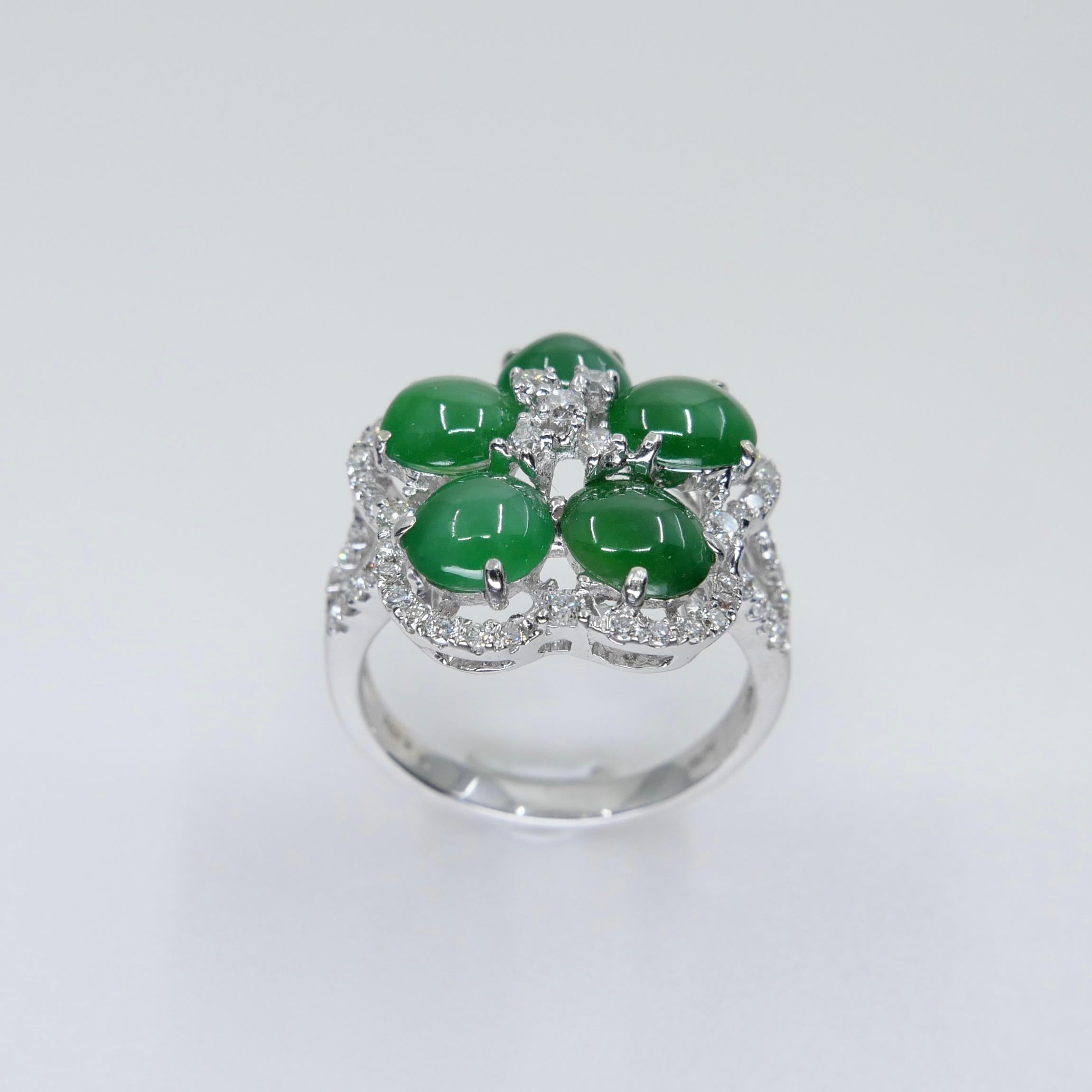 Certified Natural Jade Cluster & Diamond Cocktail Ring. Glowing Imperial Green. For Sale 5