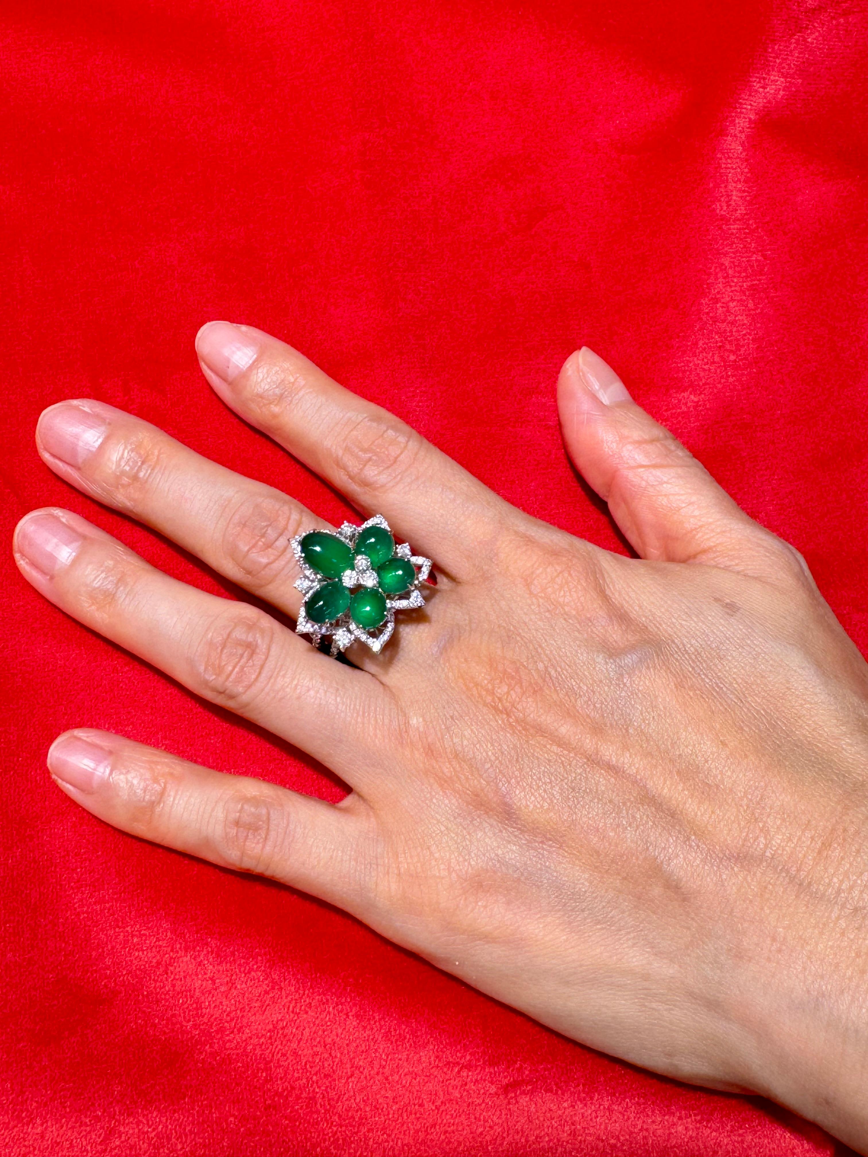 Certified Natural Jade Cluster & Diamond Cocktail Ring. Glowing Imperial Green. 6