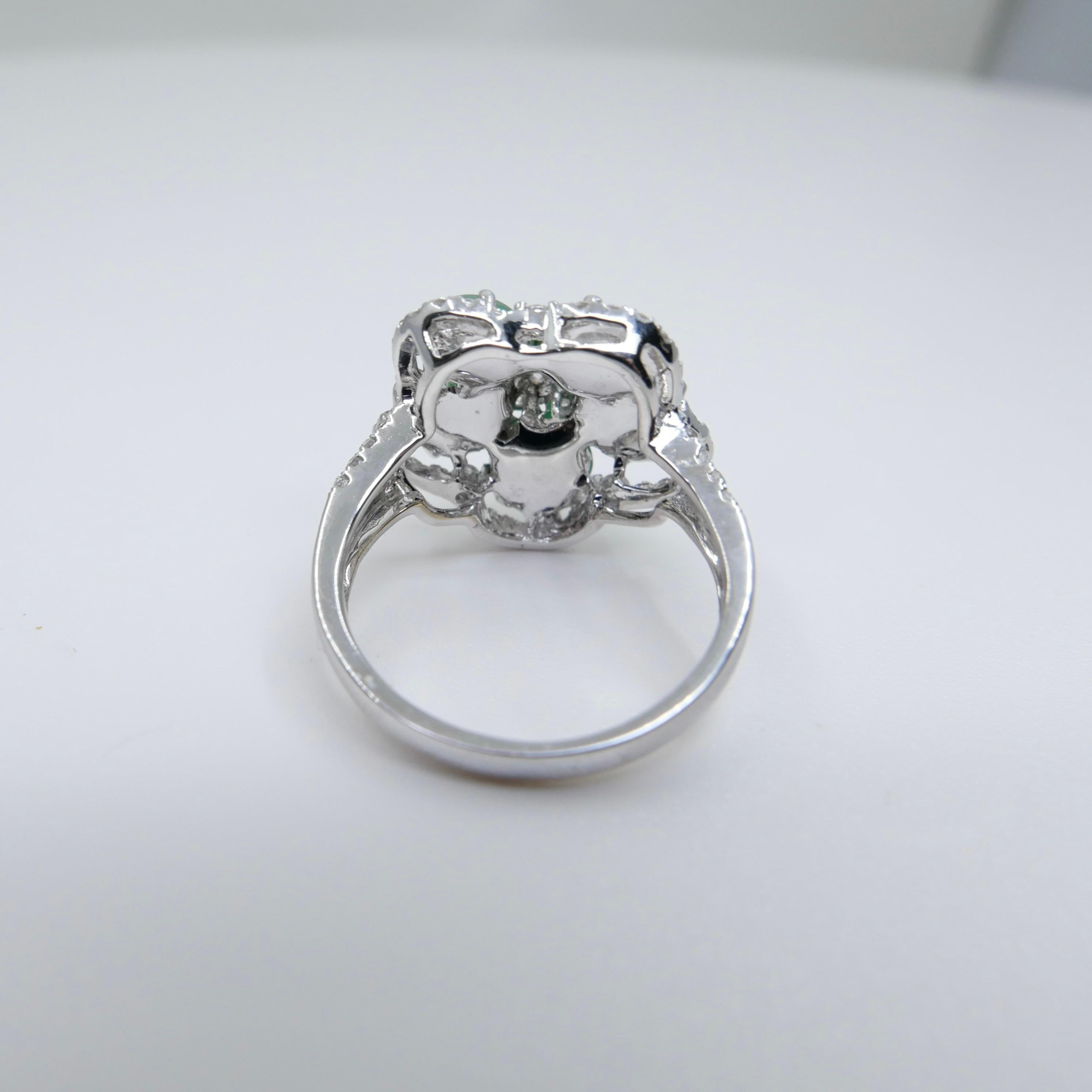 Certified Natural Jade Cluster & Diamond Cocktail Ring. Glowing Imperial Green. For Sale 7