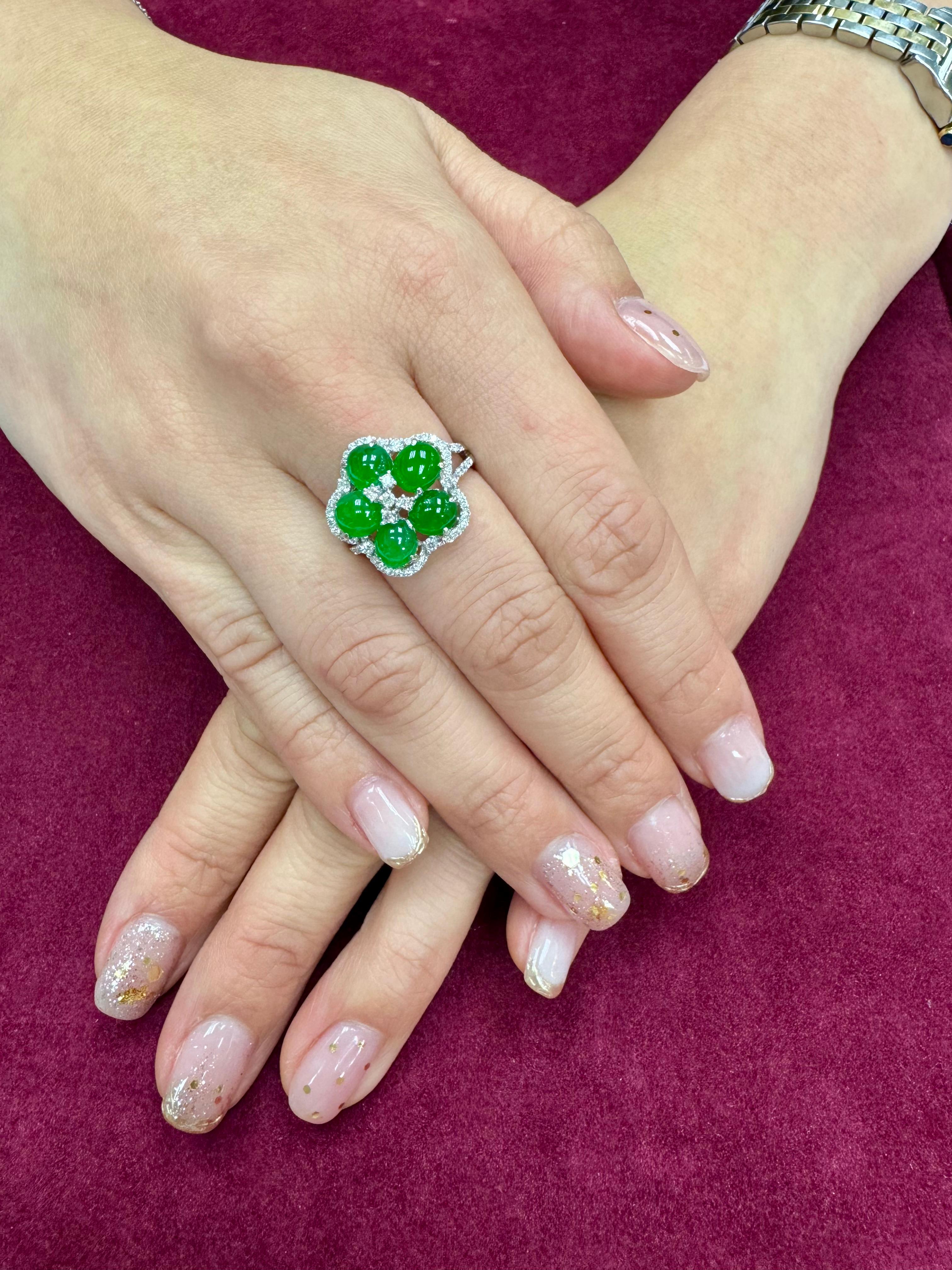 Certified Natural Jade Cluster & Diamond Cocktail Ring. Glowing Imperial Green. For Sale 6